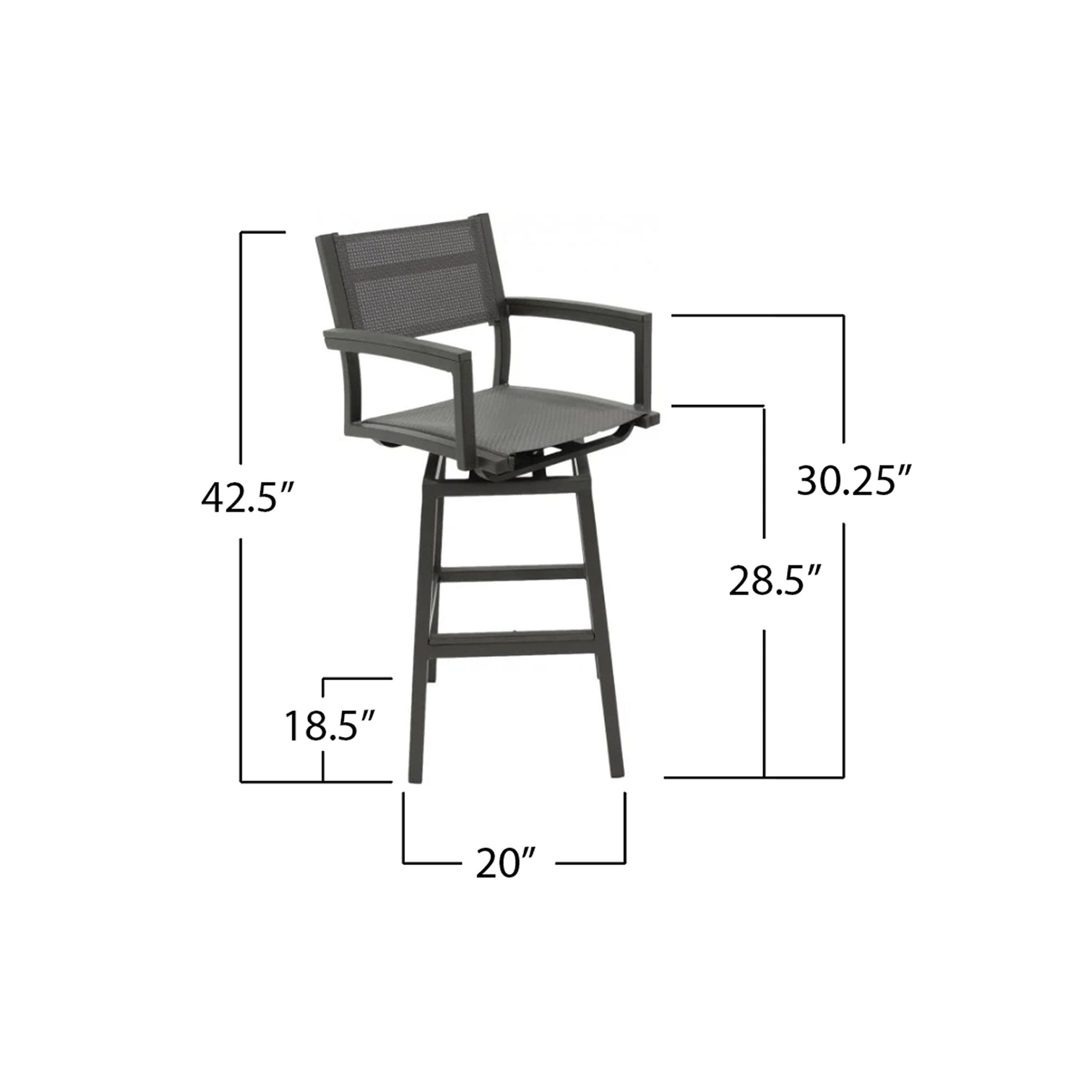 Front view of a grey swivel bar chair with wood armrests on a white background with dimensions listed. Dimensions say the chair is 20" wide by 42.5" tall, floor to top of foot rest is 18.5" and floor to top of seat is 28.5". The floor to the top of the armrest is 30.25"
