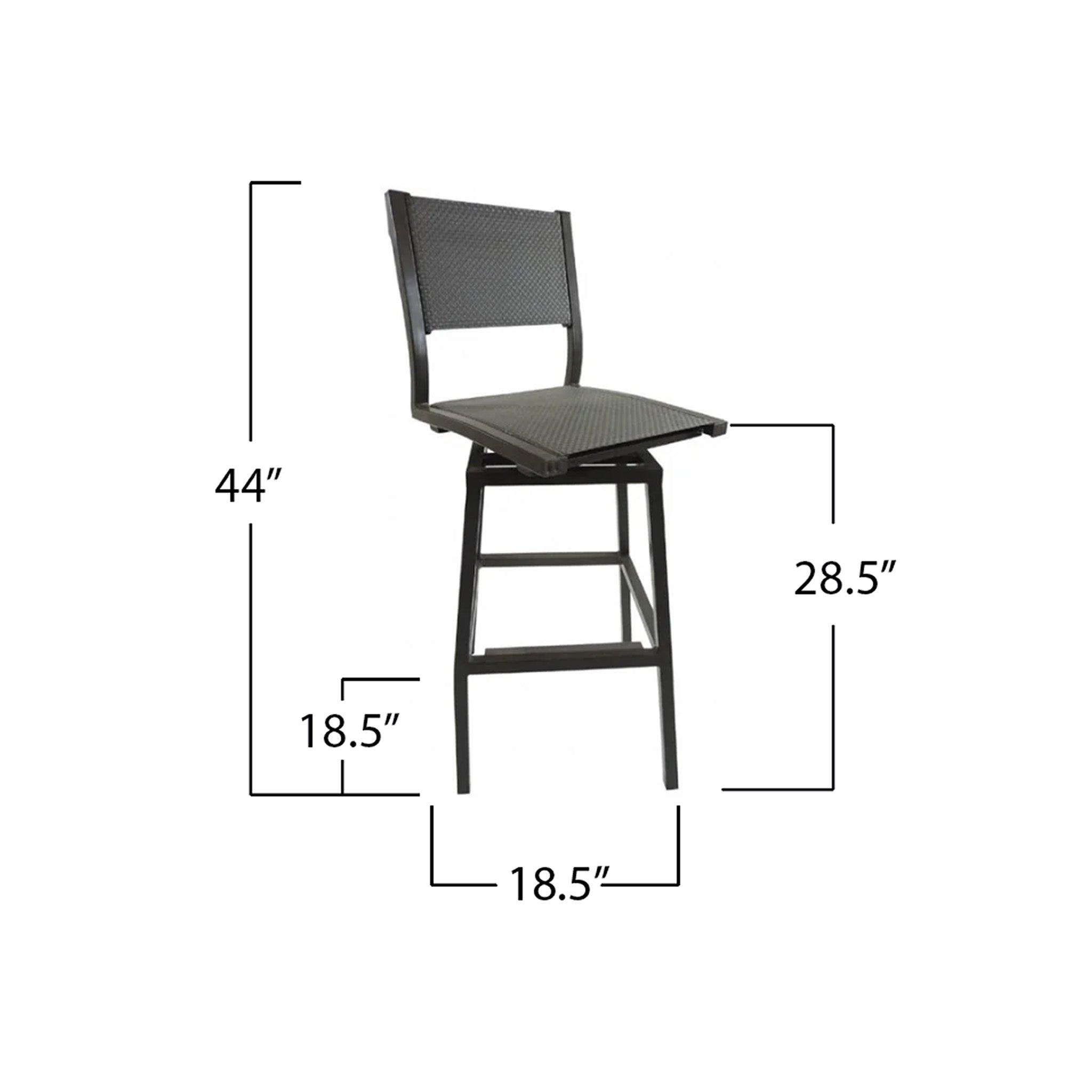 Grey bar chair without arms with dimensions labeled on a white background. Dimensions say the chair is 18.5" wide and 44" tall. Floor to top of the seat is 28.5" and floor to top of foot rest is 18.5"