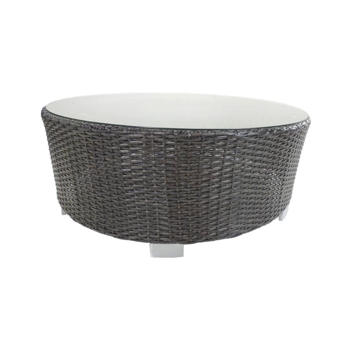 Round dark brown wicker coffee table with frosted glass top on a white background
