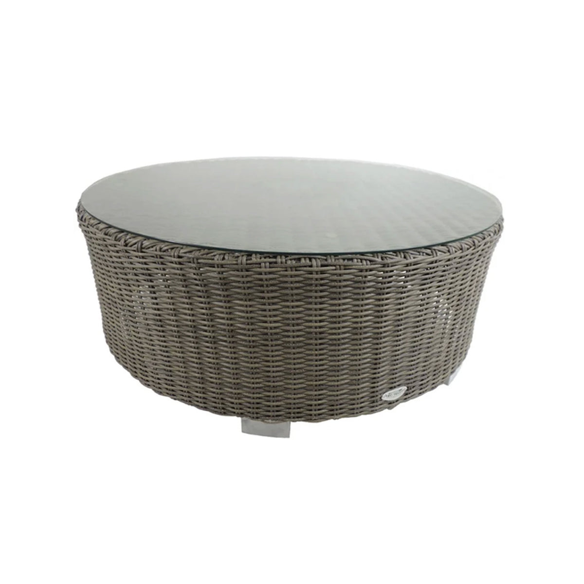Round natural grey toned wicker coffee table with glass top on a white background