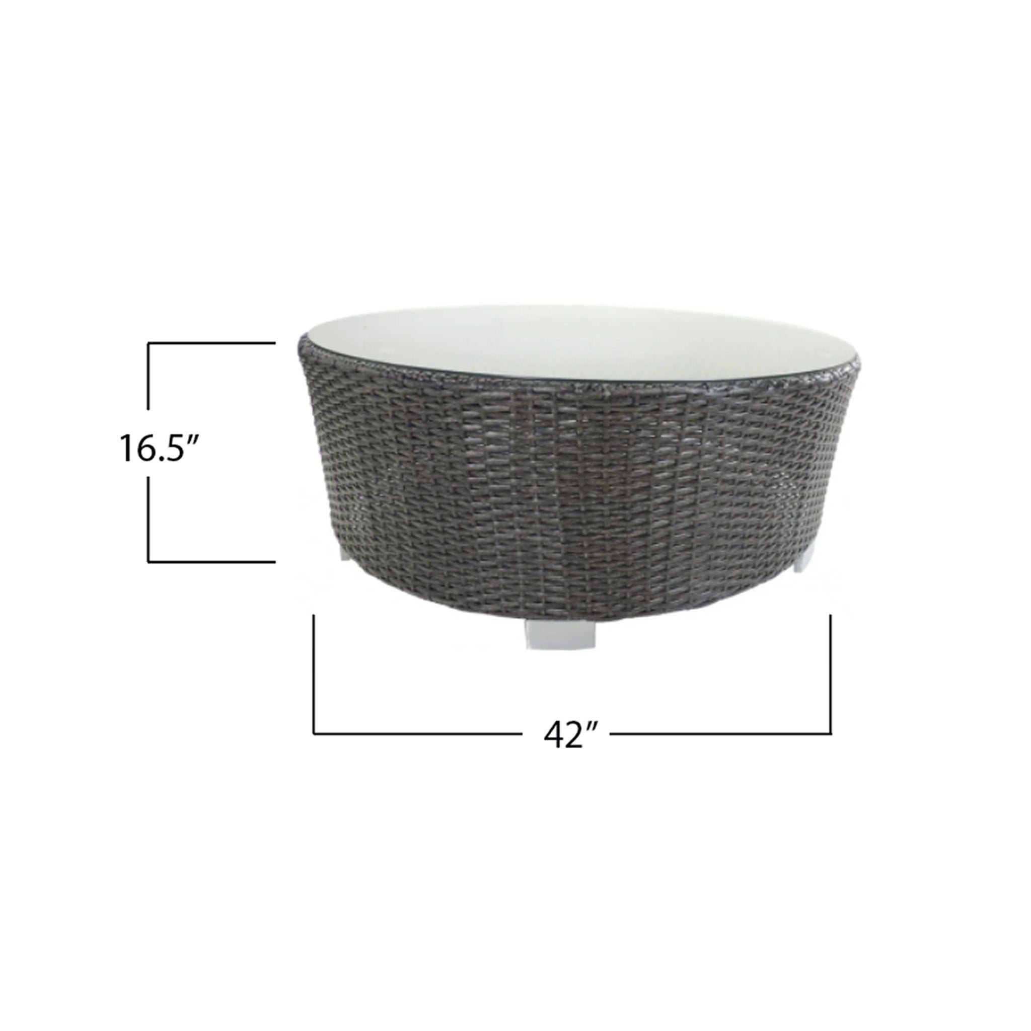 Round dark brown wicker coffee table with frosted glass top on a white background. Image shows the dimensions  of the table as 16.5" tall and  42" in diameter. 