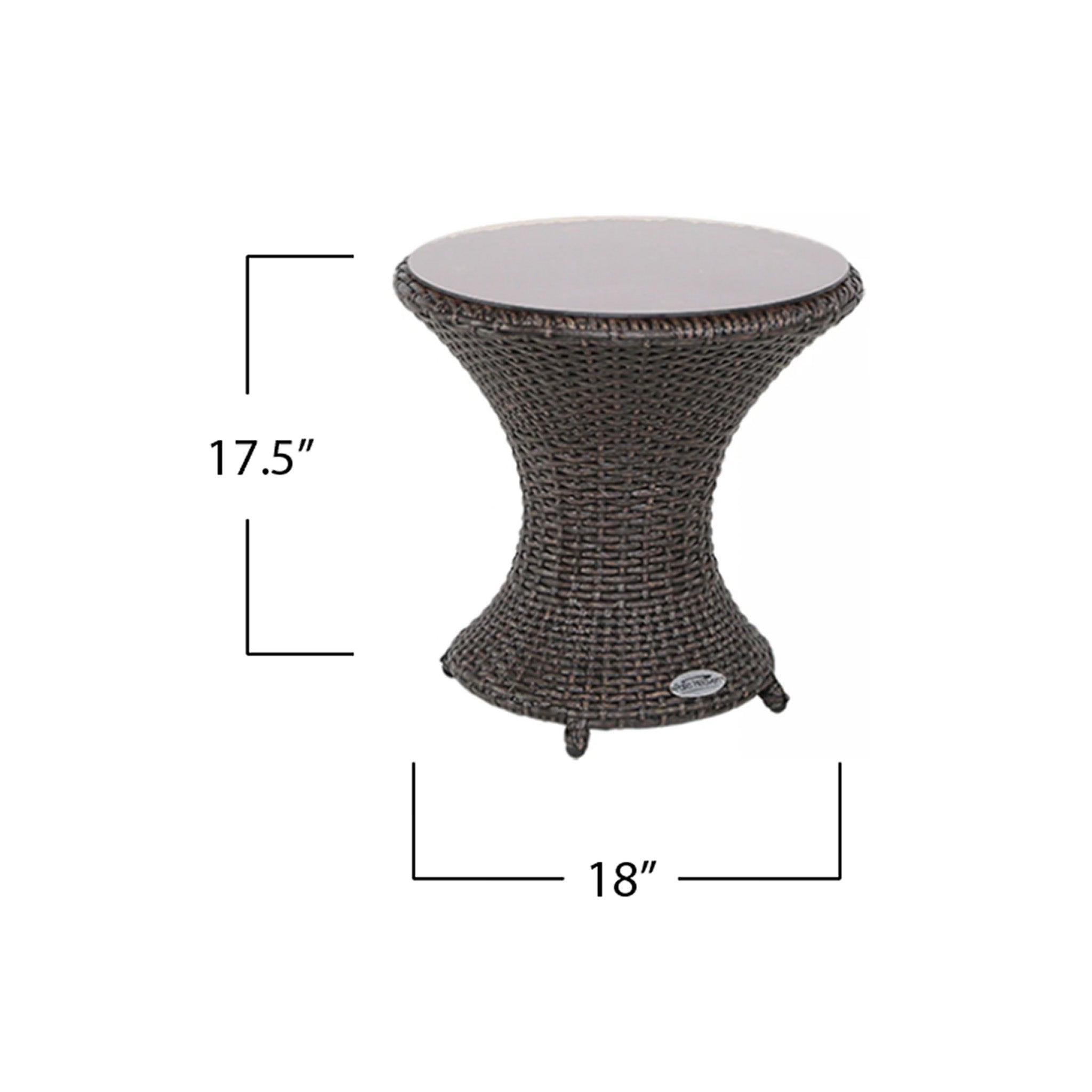 Dark brown round wicker side table with a frosted glass top on a white background. Measurements are listed on the image saying the table is 17.5" tall and 18" diameter.