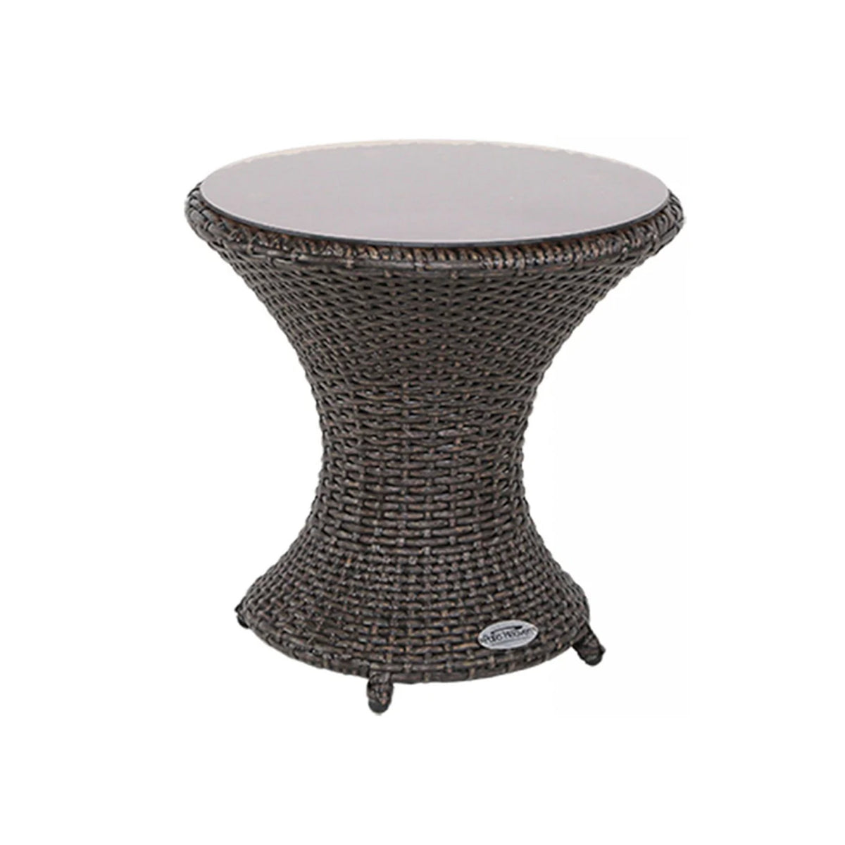 Dark brown wicker side table with a frosted glass top on a white background