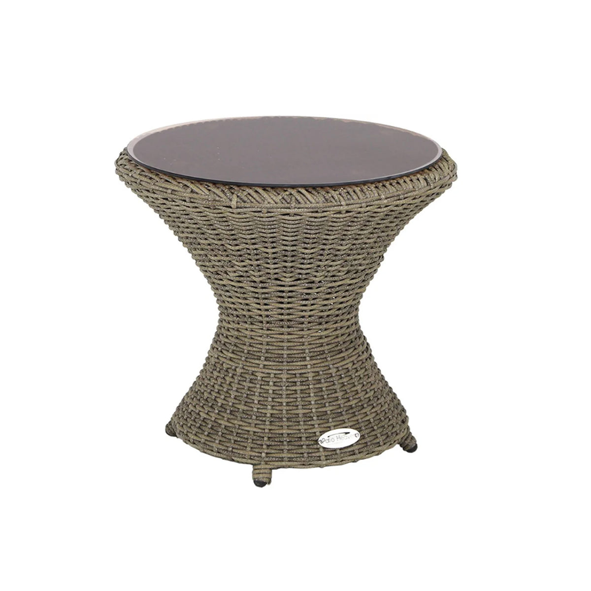 Round wicker side table with a gray top on a white background. This outdoor end table is hour glass shaped.