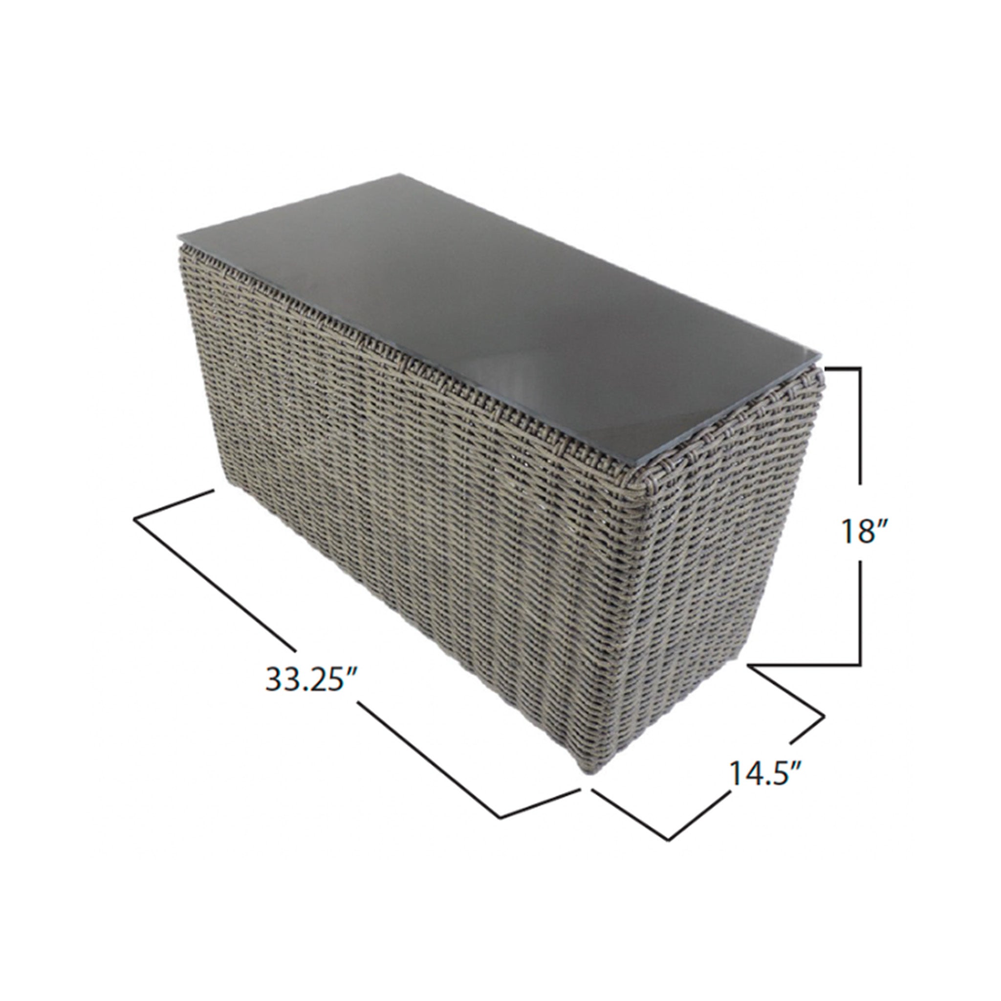 Rectangular side table with a dark gray frosted glass top. Table base is a light natural grey toned wicker. Item is displayed on a white background with dimensions listed as 33.25" long, 14.5" deep and 18" tall. 