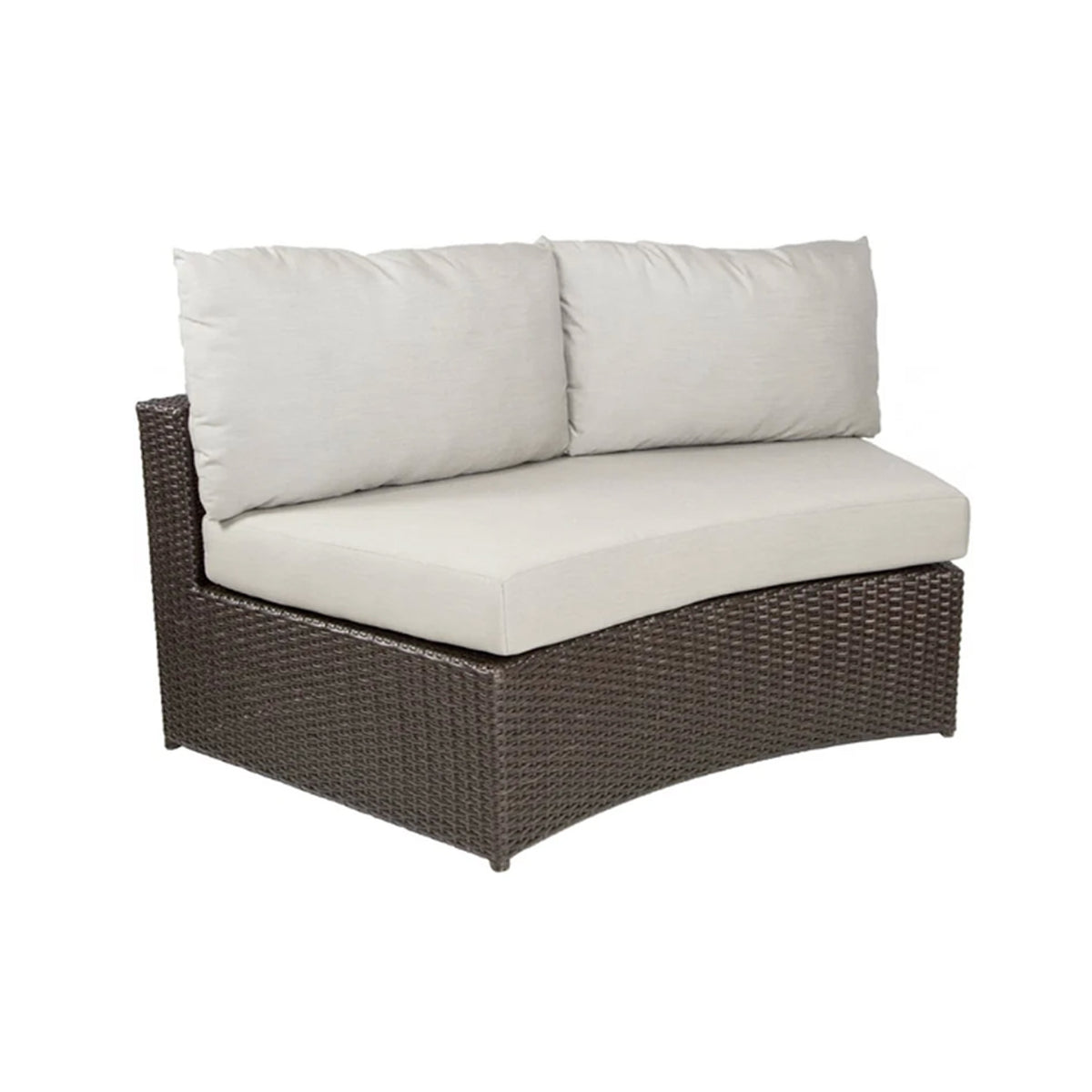 Front 3/4 view of a dark brown colored wicker outdoor sofa with beige cushions on a white background. This center piece of the sectional has no arms. 