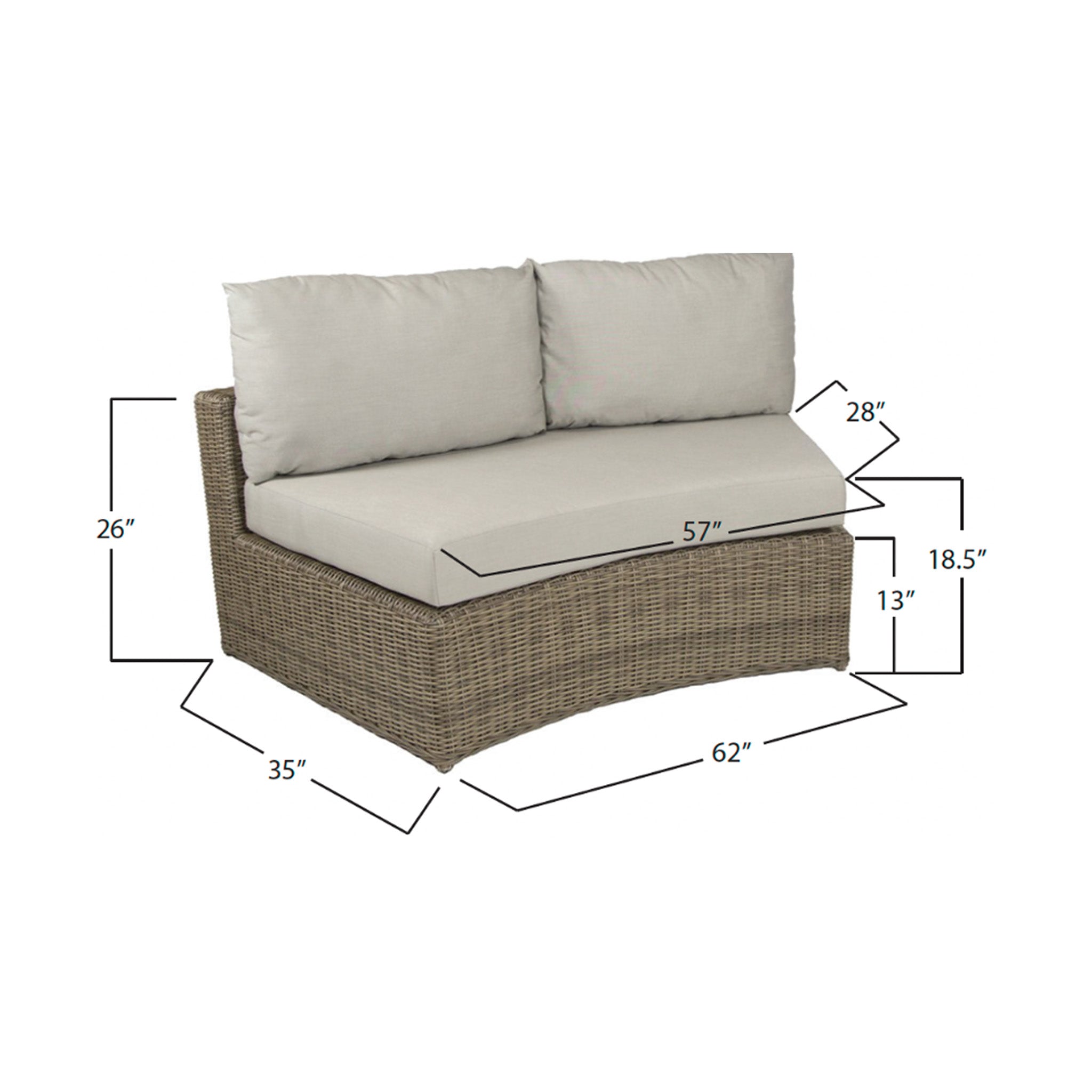Front view of a natural wicker color outdoor sofa with beige cushions on a white background. This image shows the dimensions as 62" wide by 35" deep by 26" tall. Front of seat cushion is 57" wide. Height of the frame seat is 13", and from the top of the seat cushion to the floor is 18.5". seat cushion is 28" deep. 