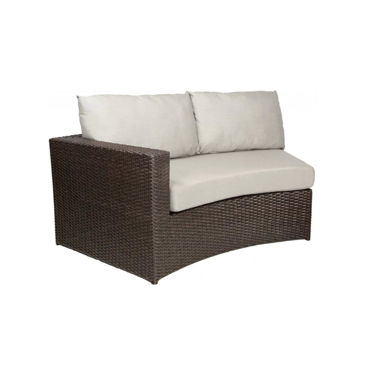 Dark brown color wicker outdoor sofa with beige cushions on a white background. This is a sectional piece for a curved modular sectional. This piece has an arm on the left side facing the viewer and no arm on the right side. There is one seat cushion and two back pillows. 