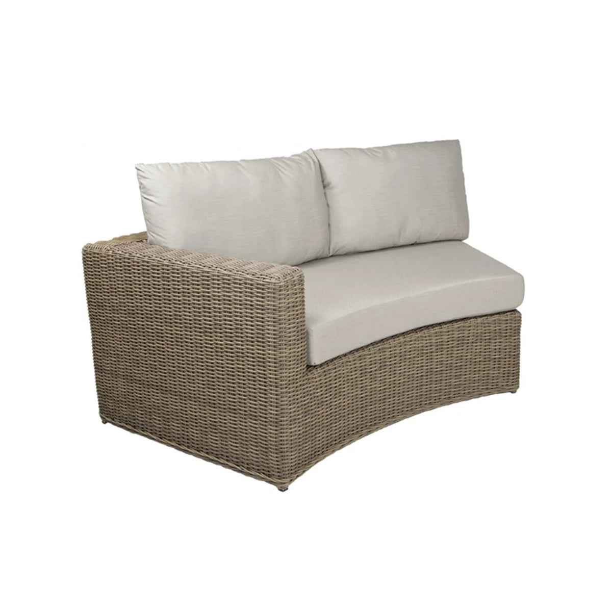Natural color wicker outdoor sofa with beige cushions on a white background. This is a sectional piece for a curved modular sectional. This piece has an arm on the left side facing the viewer and no arm on the right side. There is one seat cushion and two back pillows. 
