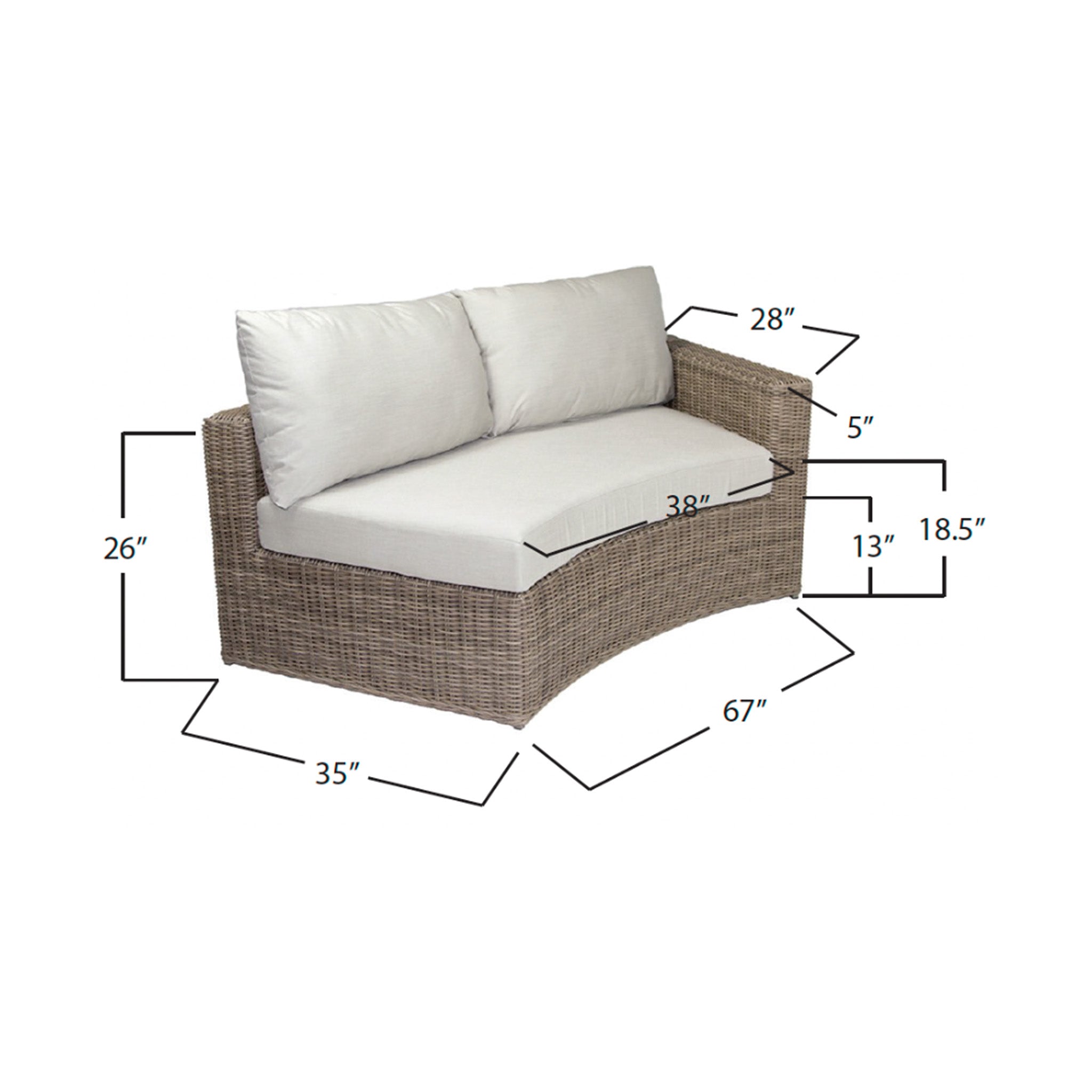 Front 3/4 view of a natural colored wicker outdoor sofa with beige cushions on a white background with measurements listed. Measurements show that the piece is 67" wide by 35" deep by 26" tall. Cushion is 38" wide in the front. Frame seat is 13" tall and top of the seat cushion is 18.5" tall measuring from the floor. Width of the arm is 5". 
