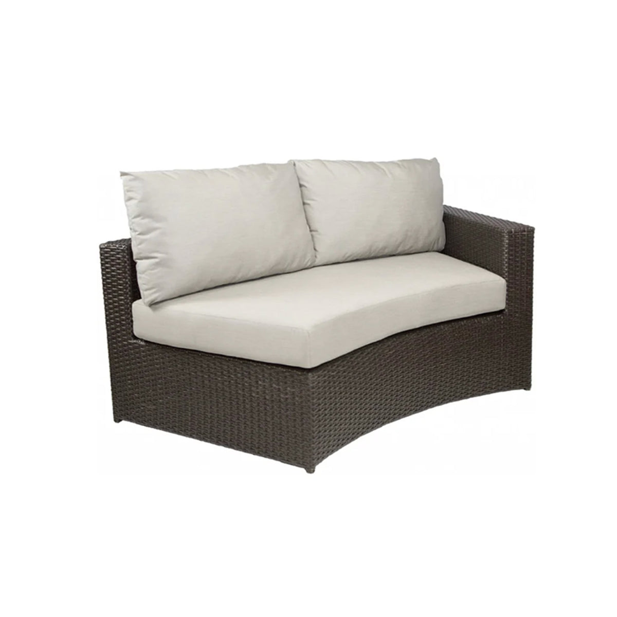 Dark Brown wicker outdoor sofa with beige cushions on a white background. This is a sectional piece for a curved modular sectional. This piece has an arm on the right side facing the viewer and no arm on the left side. There is one seat cushion and two back pillows. 
