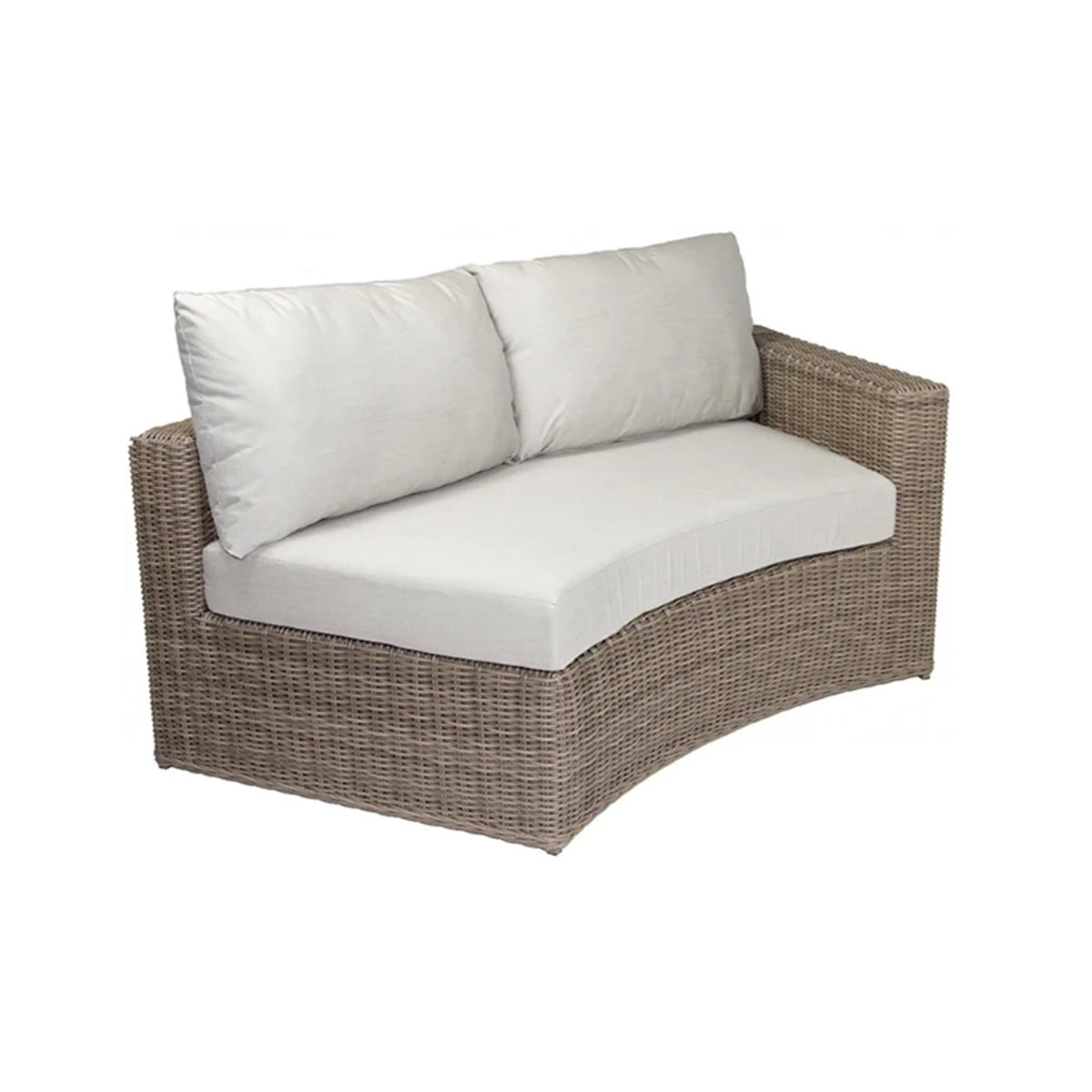 Light natural grey-toned wicker outdoor sofa with beige cushions on a white background. This is a sectional piece for a curved modular sectional. This piece has an arm on the right side facing the viewer and no arm on the left side. There is one seat cushion and two back pillows. 