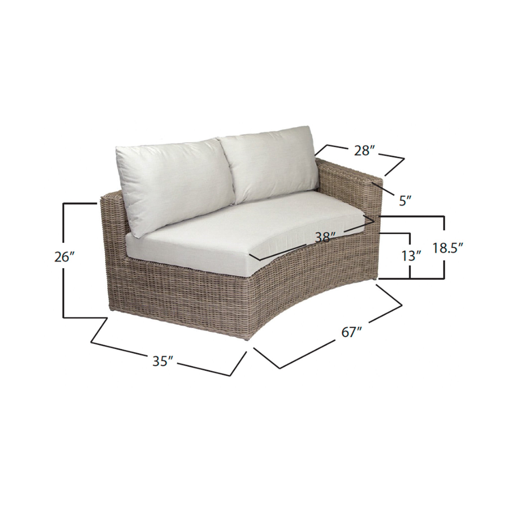 Front 3/4 view of a natural colored wicker outdoor sofa with beige cushions on a white background with measurements listed. Measurements show that the piece is 67" wide by 35" deep by 26" tall. Cushion is 38" wide in the front. Frame seat is 13" tall and top of the seat cushion is 18.5" tall measuring from the floor. Width of the arm is 5". 
