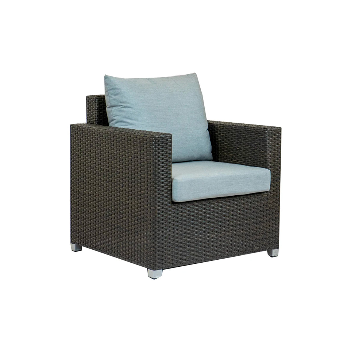 Dark brown wicker armchair with light blue seat cushion and back pillow on a white background