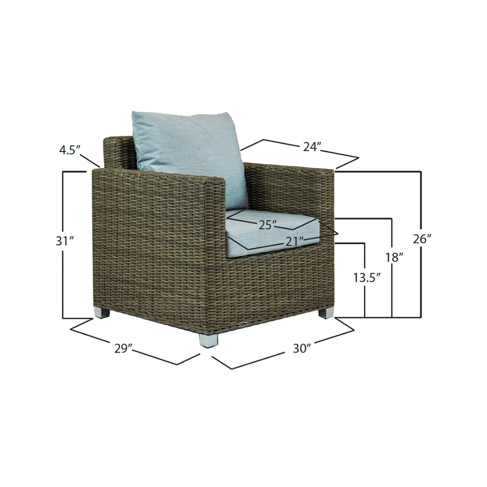 Natural colored wicker armchair with light blue seat cushion and back pillow on a white background with detailed measurements. Measurements say the chair is 30" wide, 29" deep, and 31" tall. Seat cushion between the arms is 21" wide and 25" deep. 