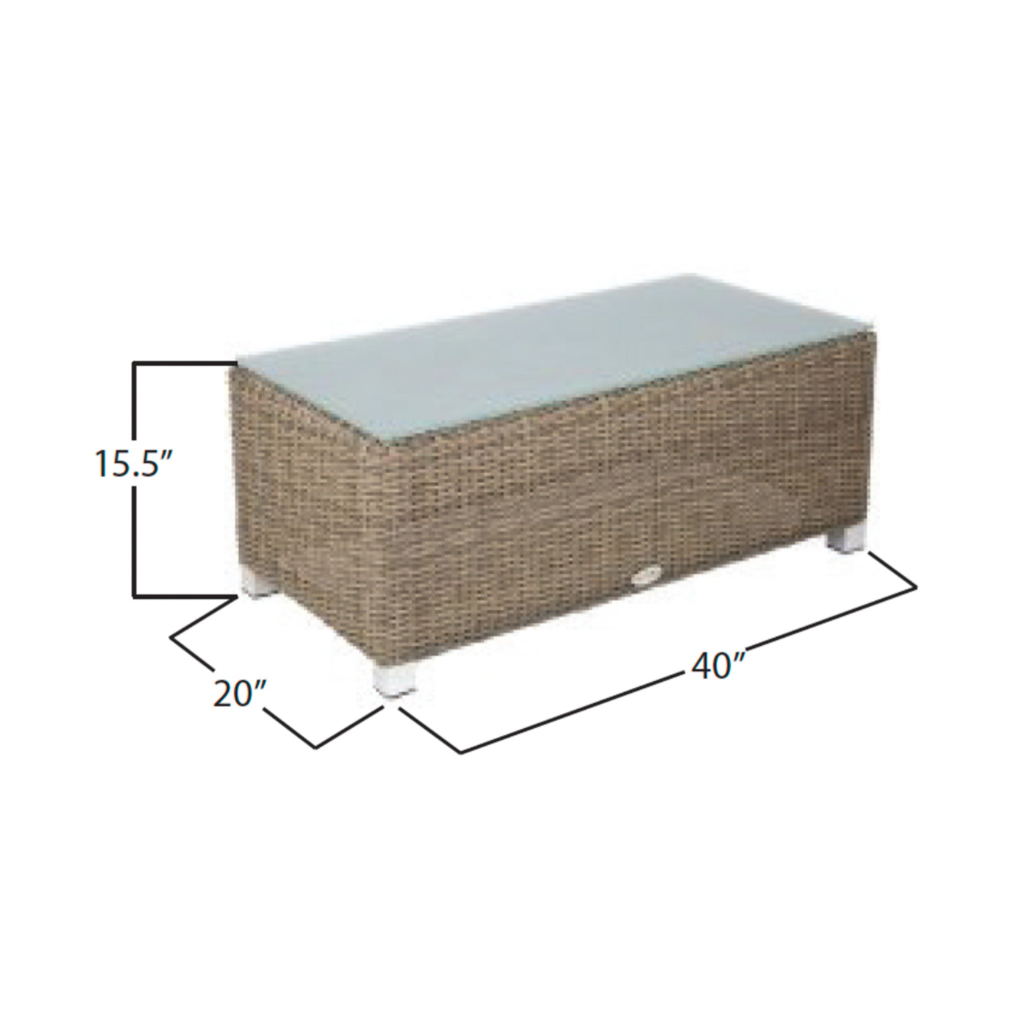 Rectangular outdoor coffee table with grey toned natural wicker frame and frosted glass top on a white background. This image has measurements that state the frame is 15.5" tall by 20" deep by 40" wide. Frame has solid walls and small square metal feet on the bottom. 