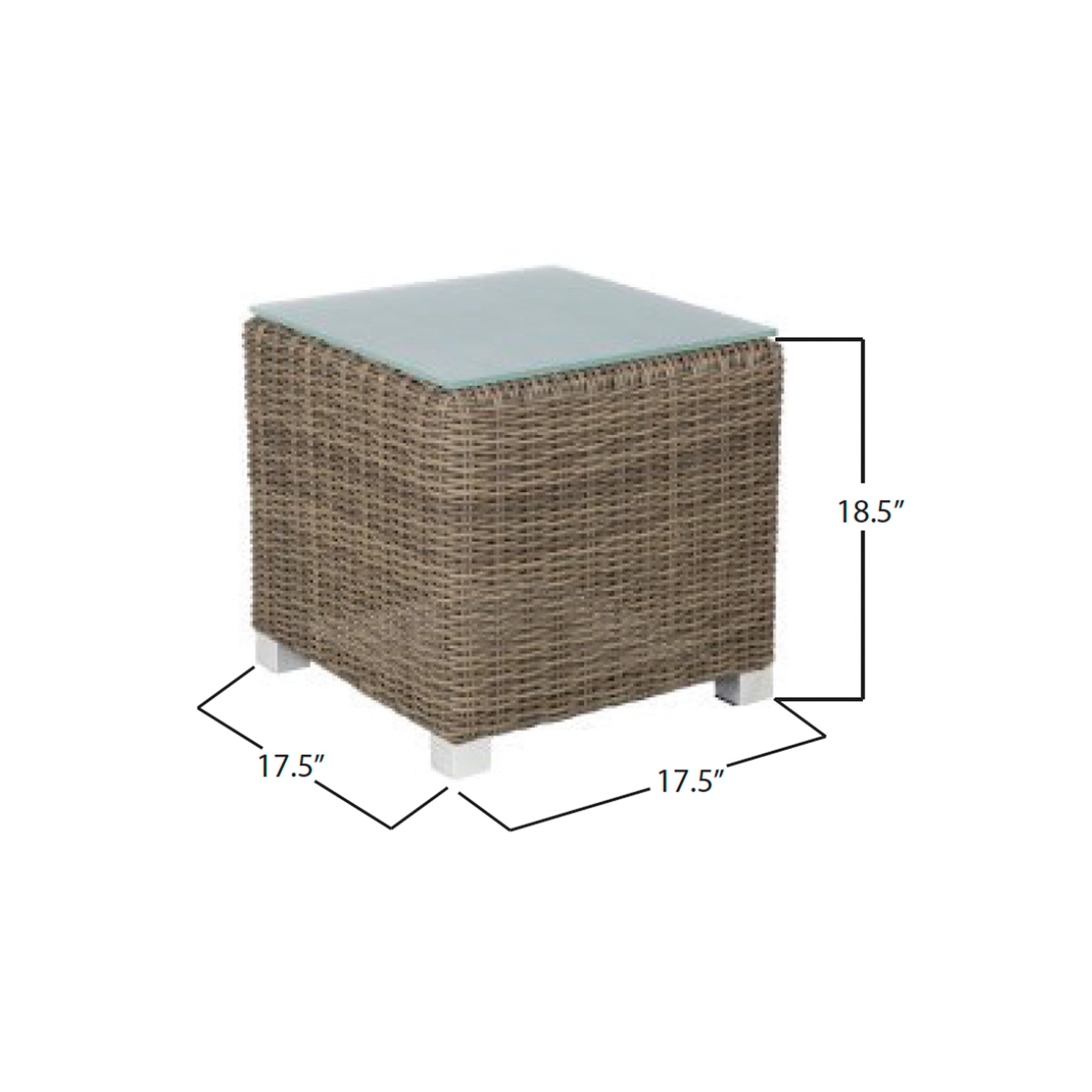 Square outdoor table with natural color wicker frame and a frosted glass top. Table is in front of a white background with dimensions listed for the cube. Dimensions state the table is 17.5" wide and deep and 18.5" tall. This end table is a cube shape with small square metal feet. 
