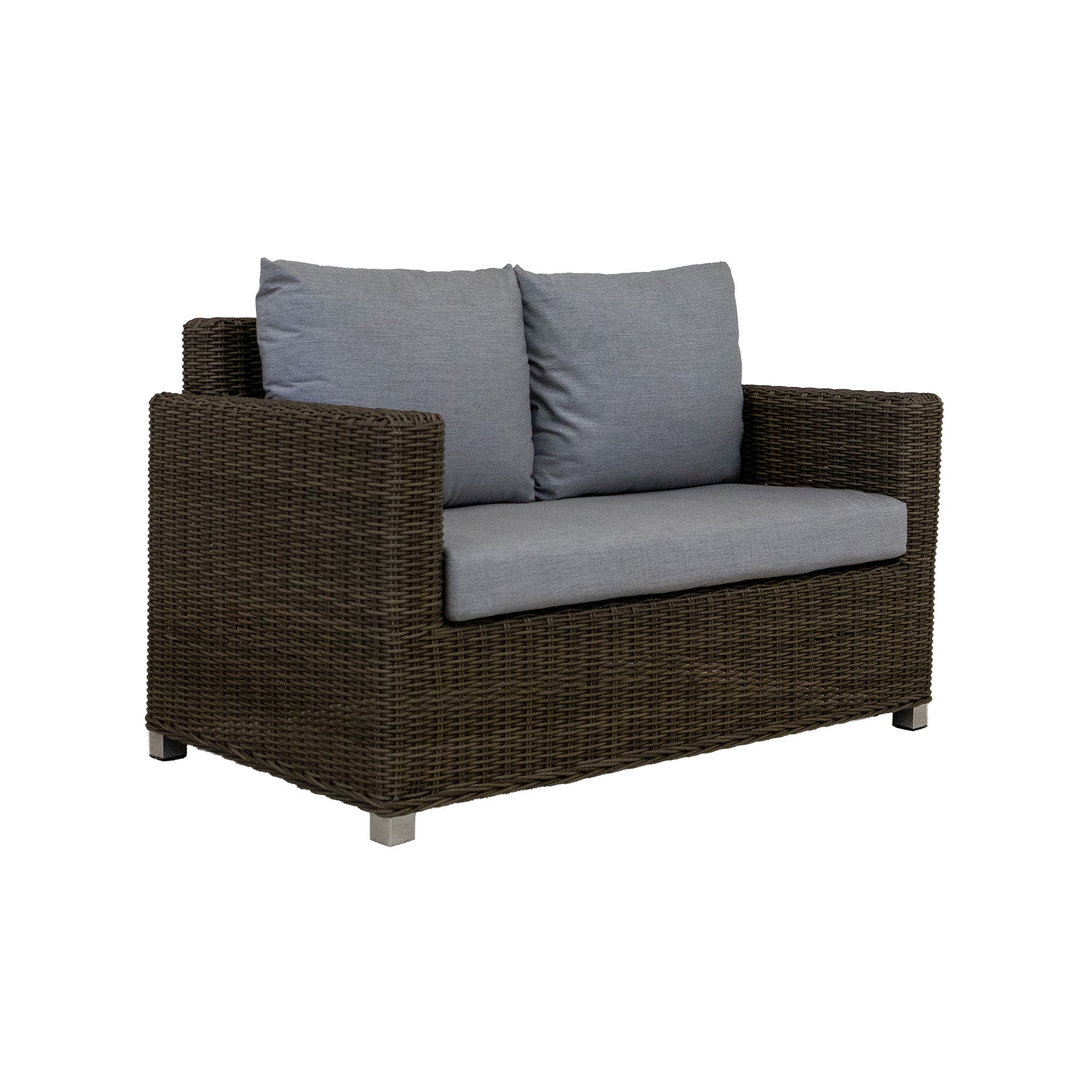 Dark brown wicker loveseat with heather gray cushions on a white background