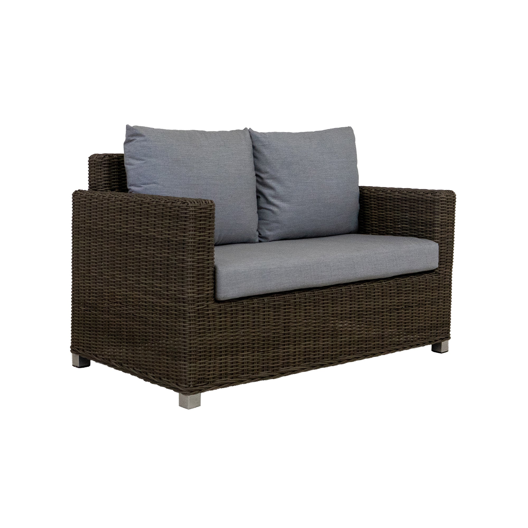 Dark brown wicker loveseat with heather gray cushions on a white background