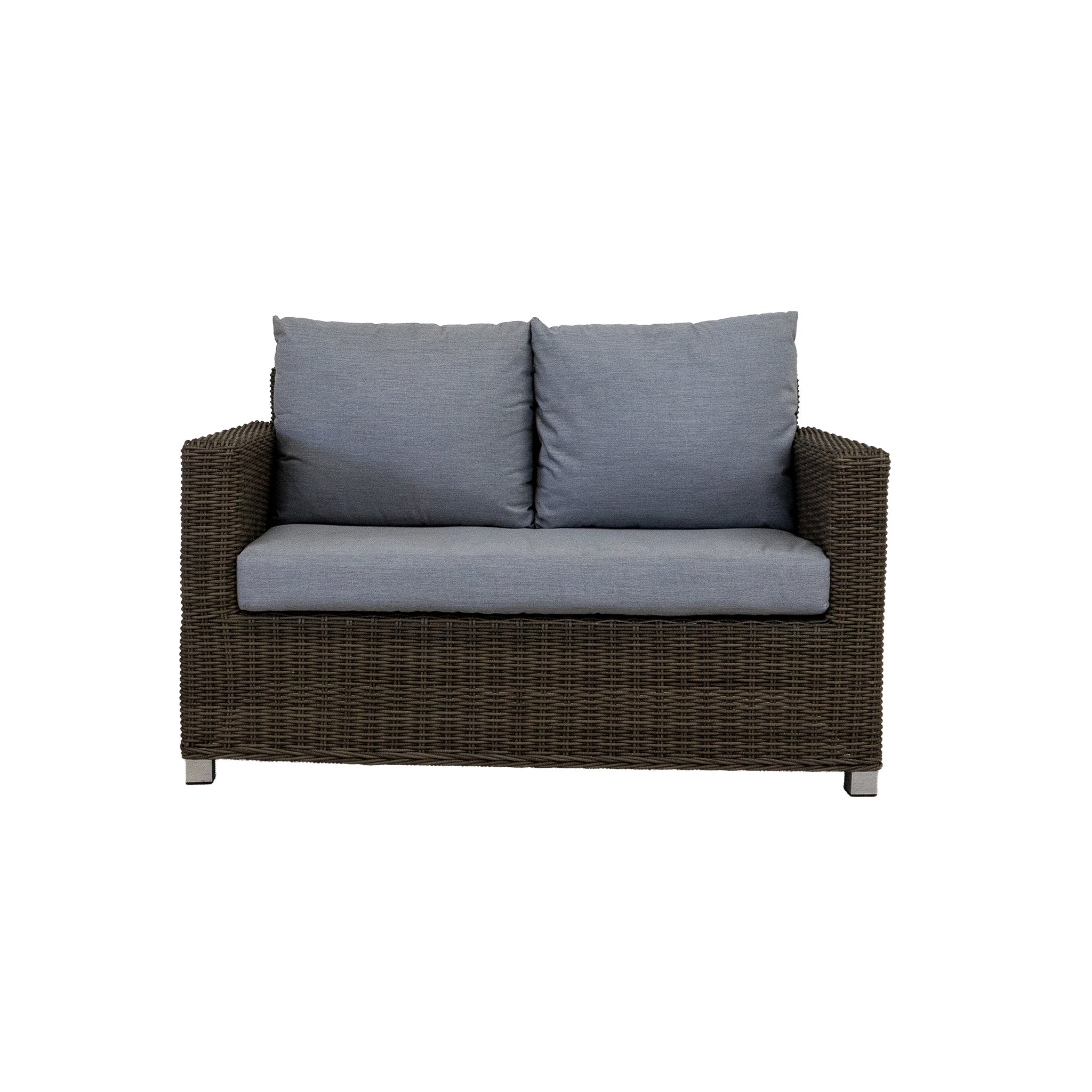 Front view of a dark brown wicker loveseat with gray cushions on a white background