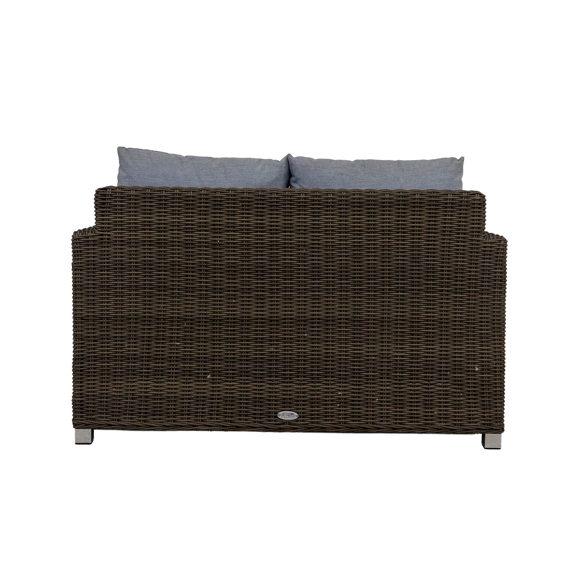 Back view of a dark brown wicker outdoor sofa with gray cushions on a white background.