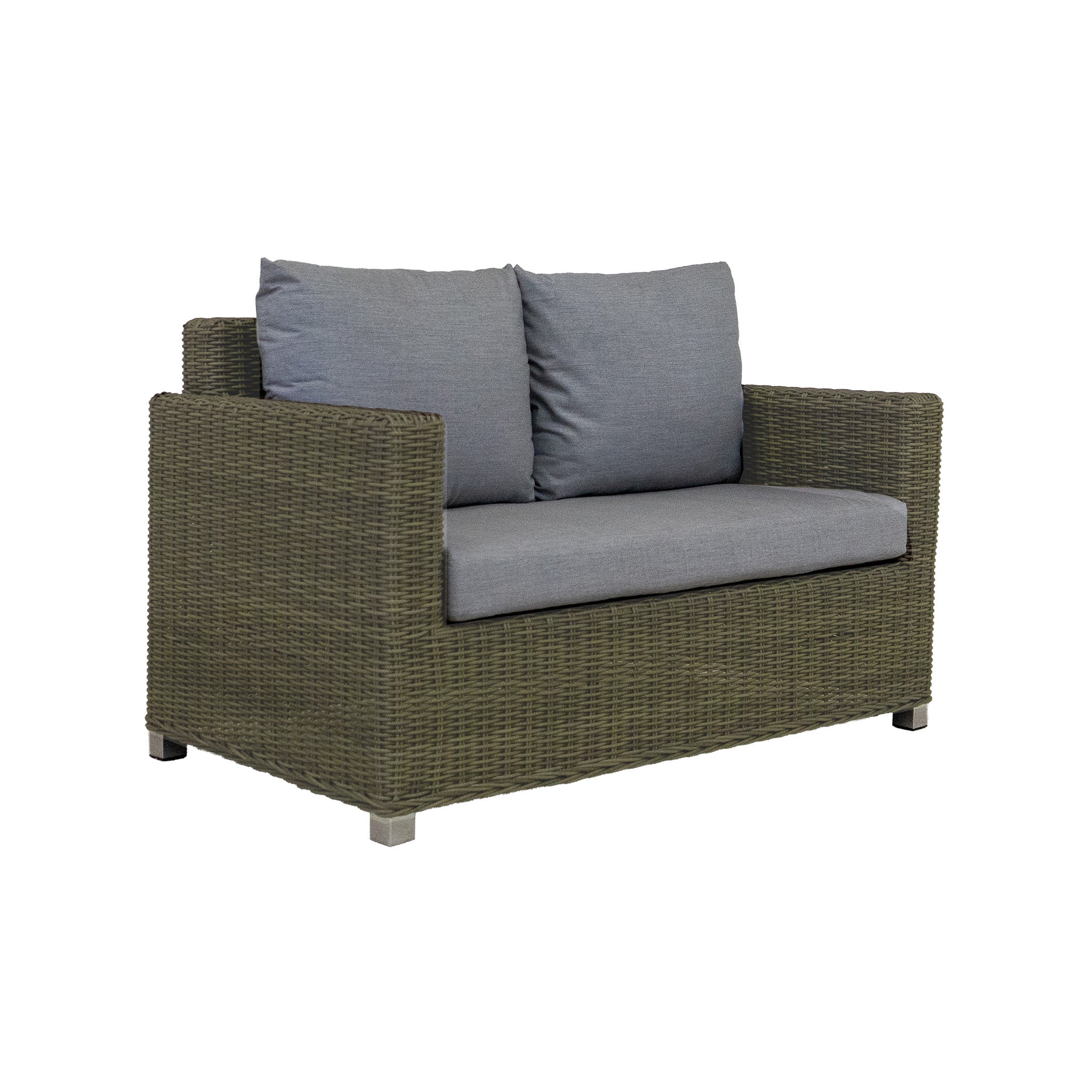 Natural grey-tone wicker outdoor loveseat with heather gray cushions on a white background