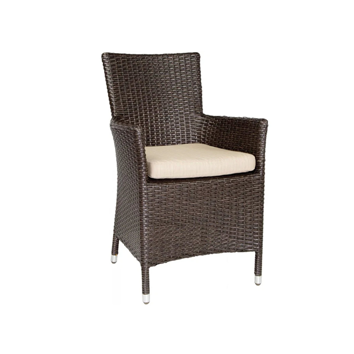 Dark brown wicker arm chair with a beige seat cushion on a white background