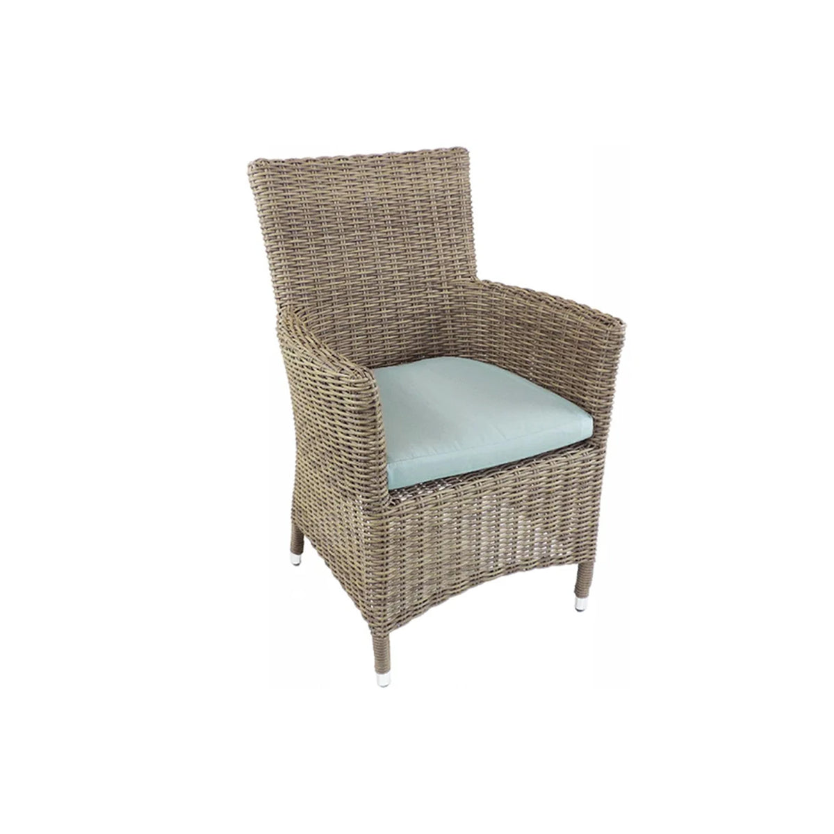 Light natural wicker arm chair with a light blue cushion on a white background