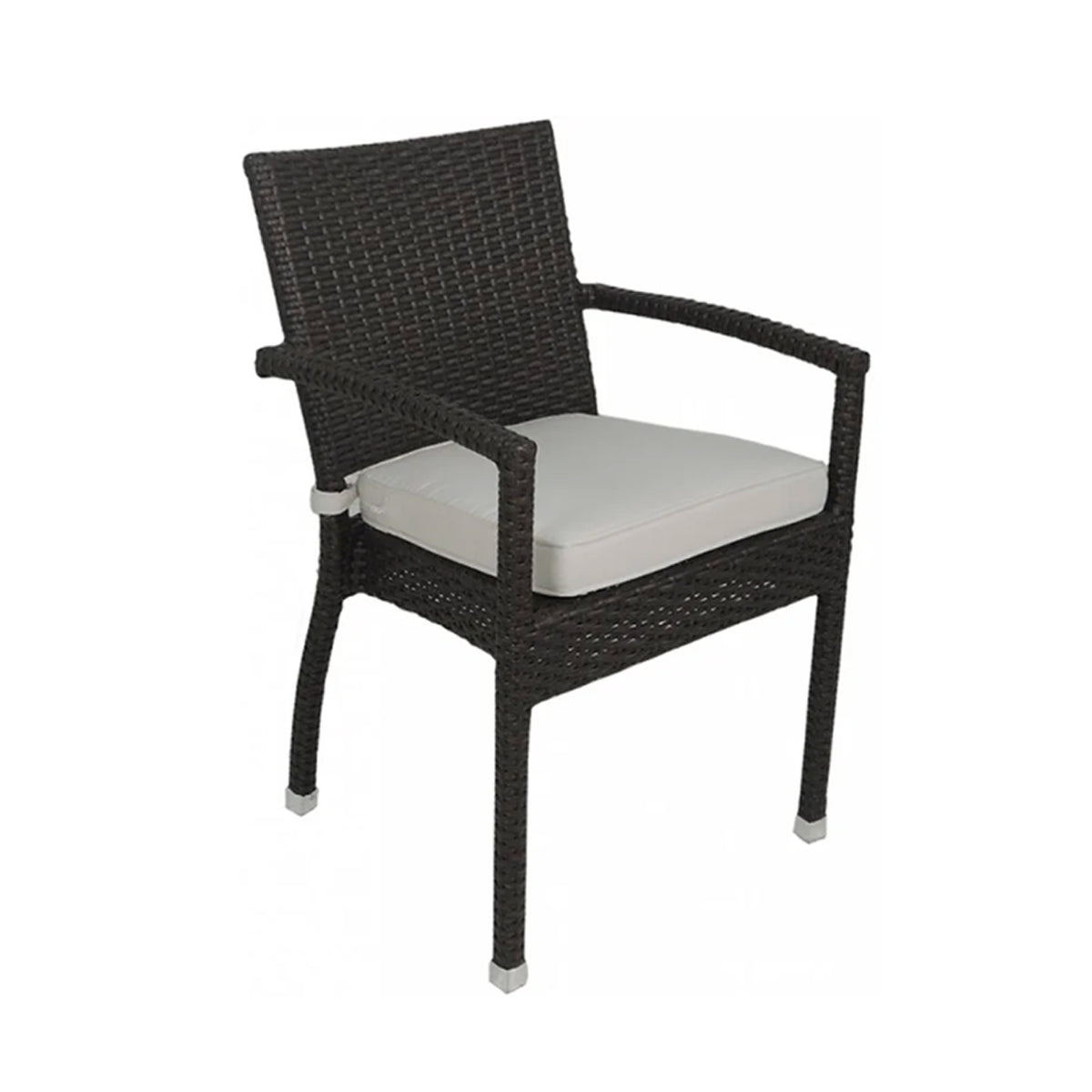Dark brown wicker arm chair with a beige cushion on a white background. Cushion has Velcro straps that attach the cushion to the back of the chair. The chair's arms are skinny with openings on the sides. Legs are also skinny with plastic caps on the bottom of the legs. 