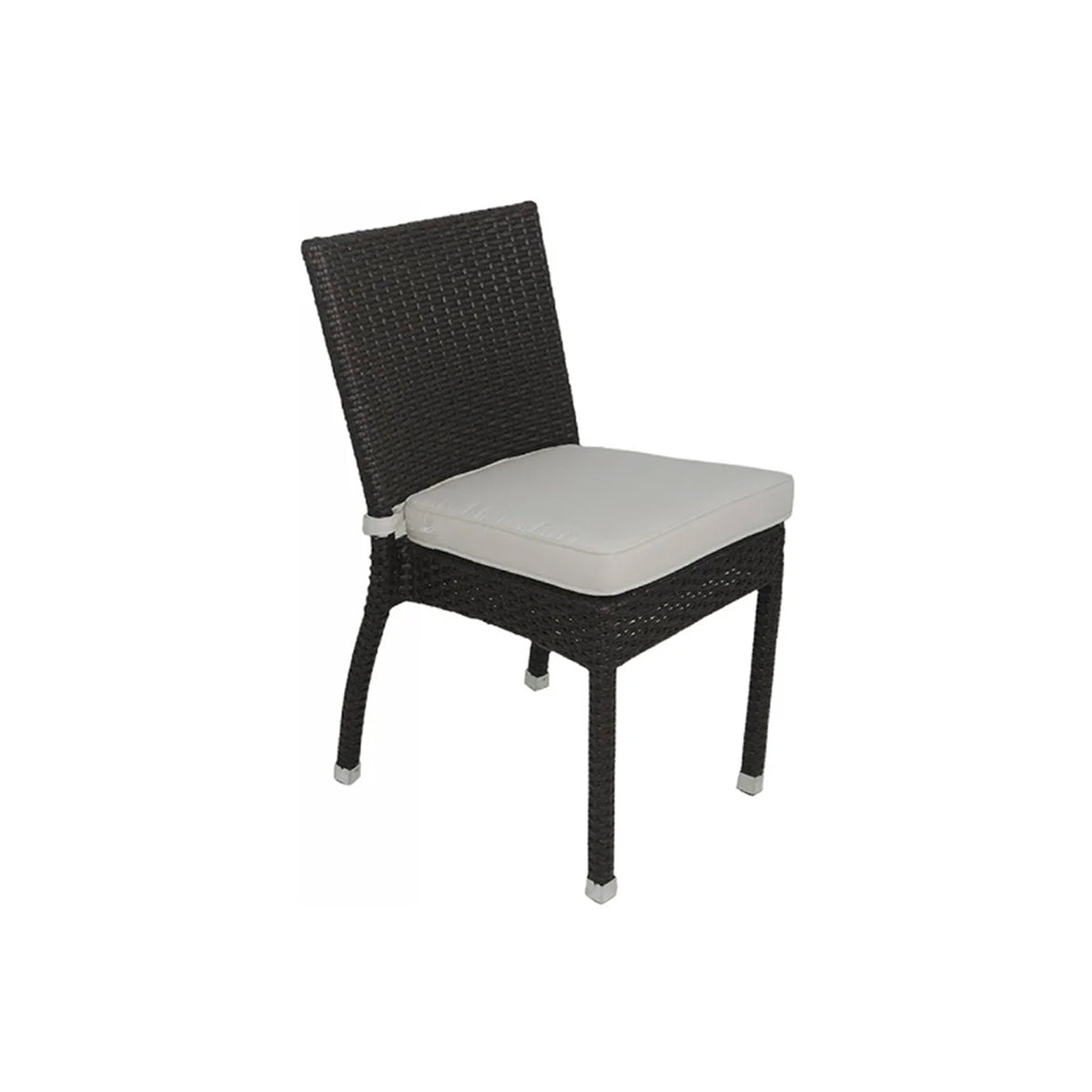 Dark brown wicker dining chair for outdoors with a beige color seat cushion. Chair has a flat back and no arms. Cushion has Velcro straps that attach the cushion to the back of the chair. There are grey plastic caps on the  feet of each chair leg.