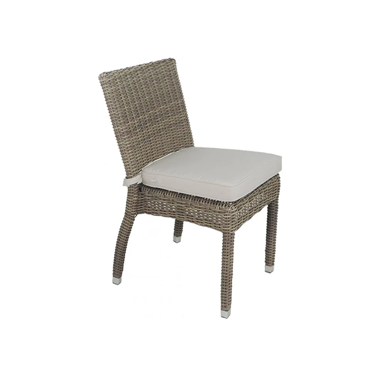 Light wicker color dining chair for outdoors with a beige seat cushion. Chair has a flat back and no arms. Cushion has Velcro straps that attach the cushion to the back of the chair. There are grey plastic caps on the  feet of each chair leg.