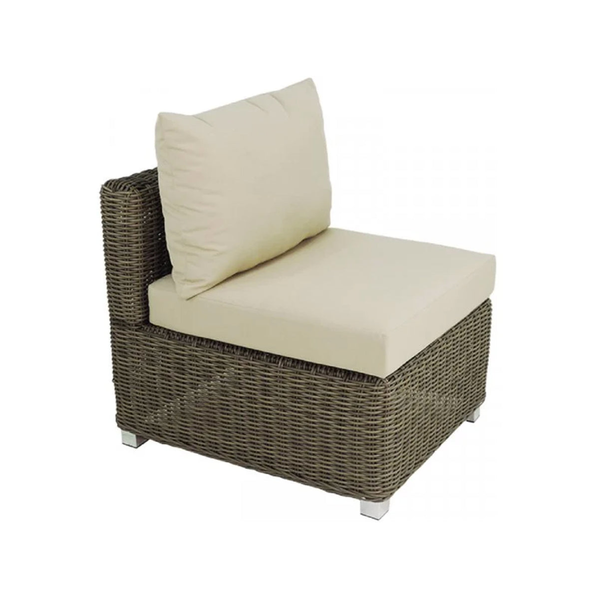 Natural wicker color outdoor chair with no arms and with beige cushions on a white background. It is a center piece to a patio sectional. 