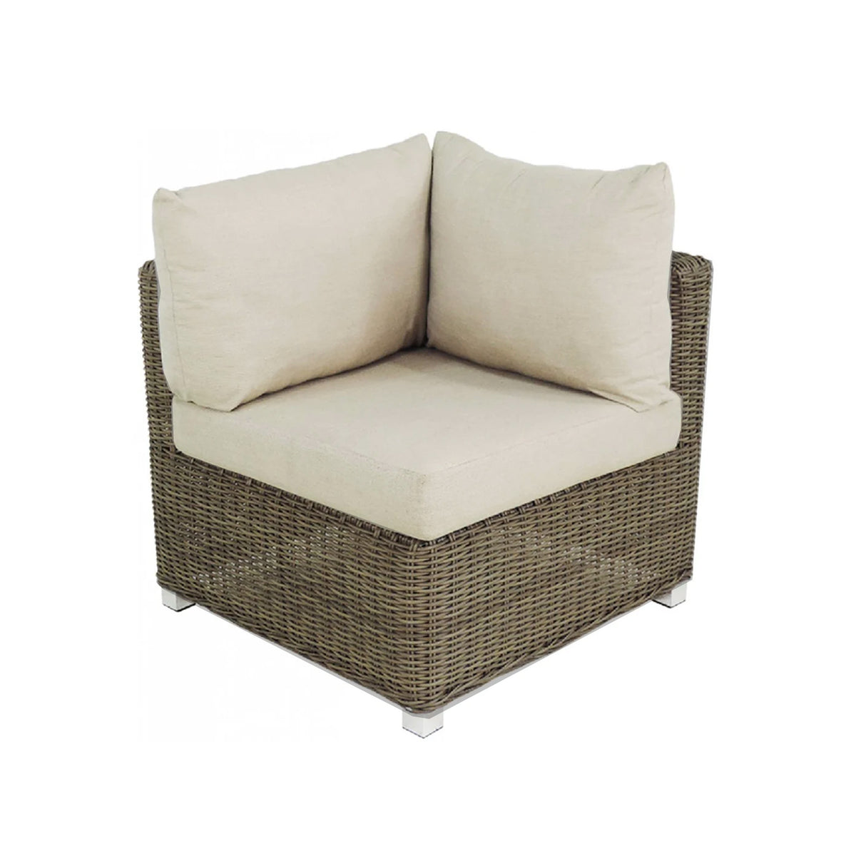 Corner chair that is one piece of a sectional with natural color wicker frame and beige cushions on a white background