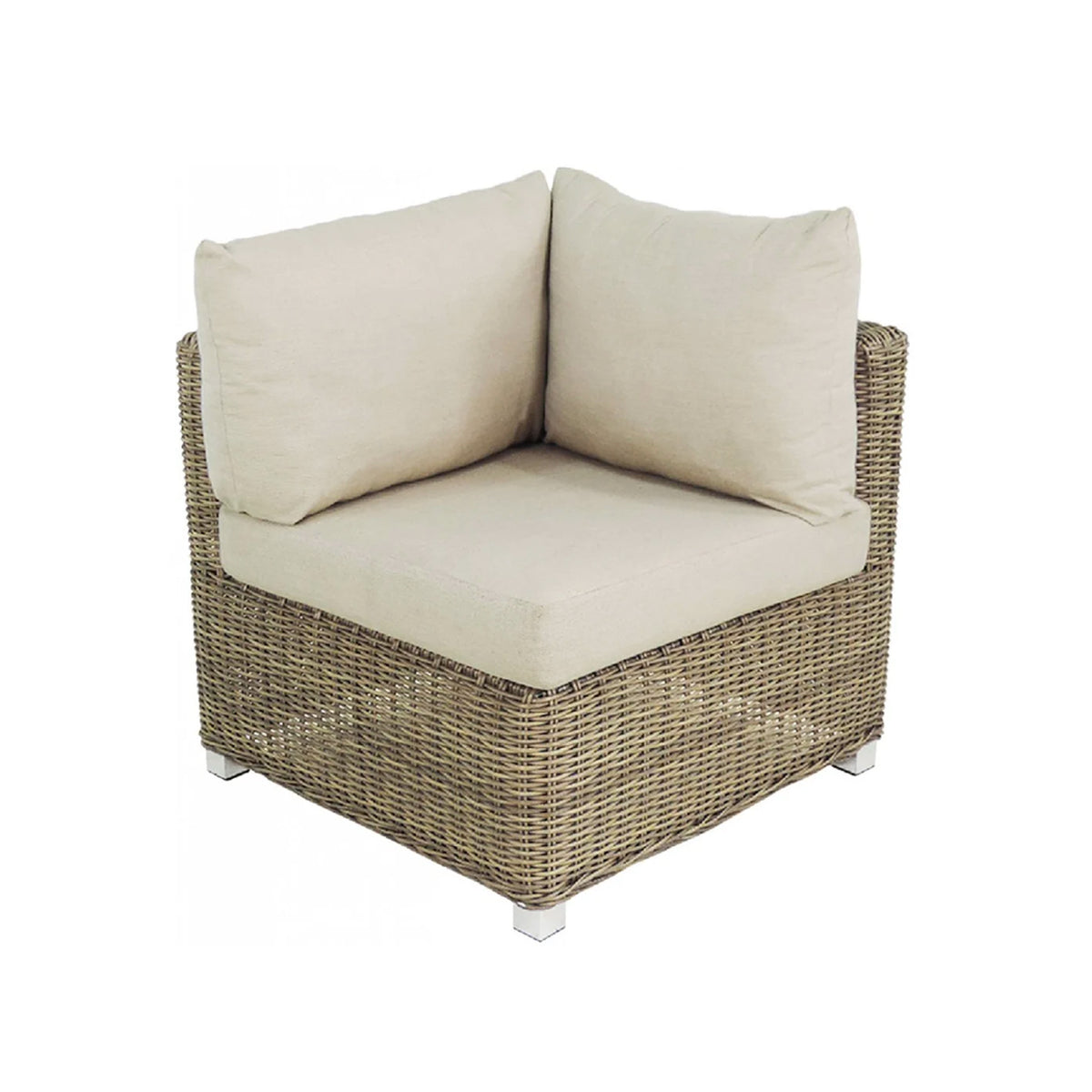 Corner chair with wicker frame and beige cushions on a white background