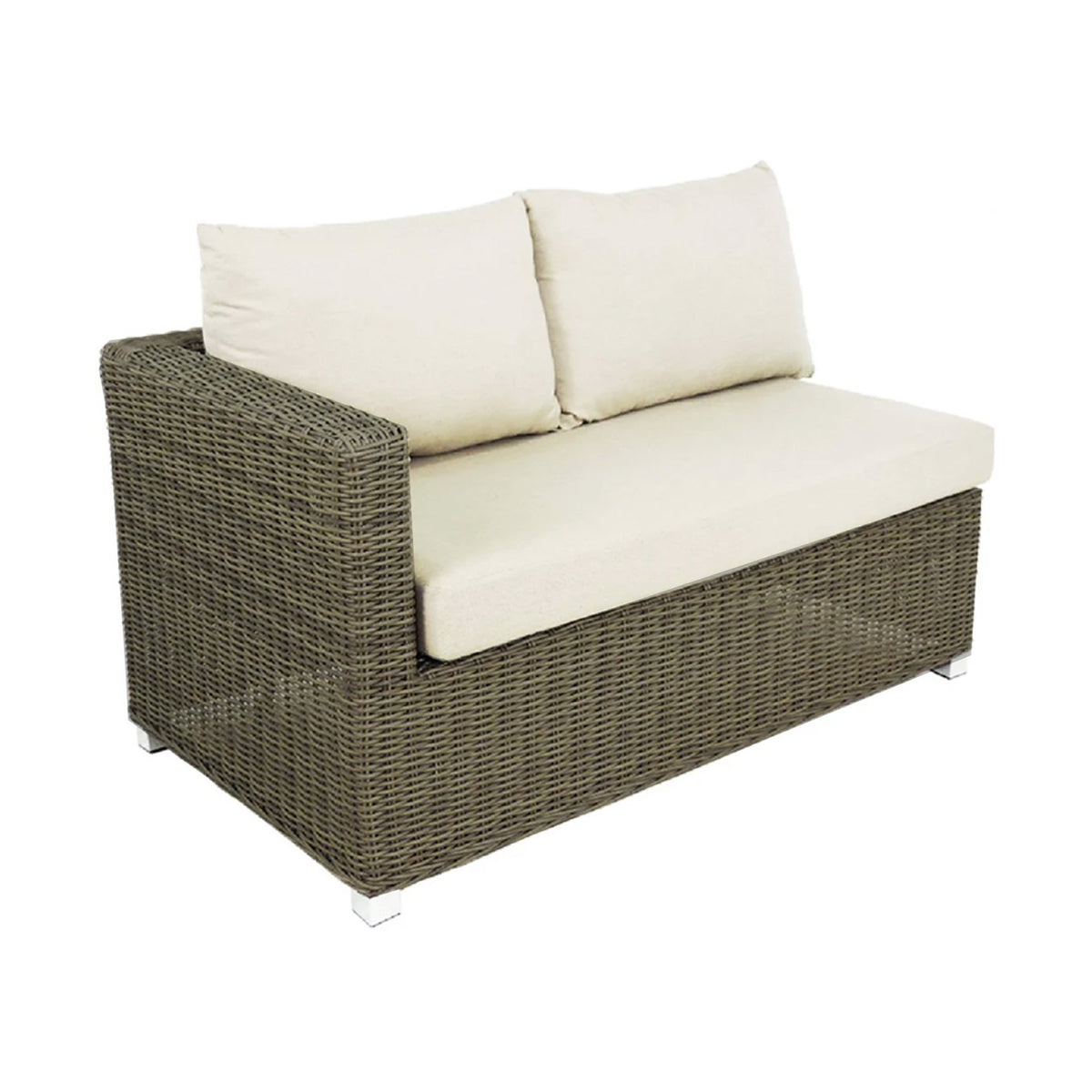 Front 3/4 view of a natural wicker color outdoor loveseat piece that goes on the left side of a sectional. There is an arm the left side facing the viewer, and no arm on the right side of the piece.  This piece has one beige seat cushion and two back pillows. Image is on a white background. 
