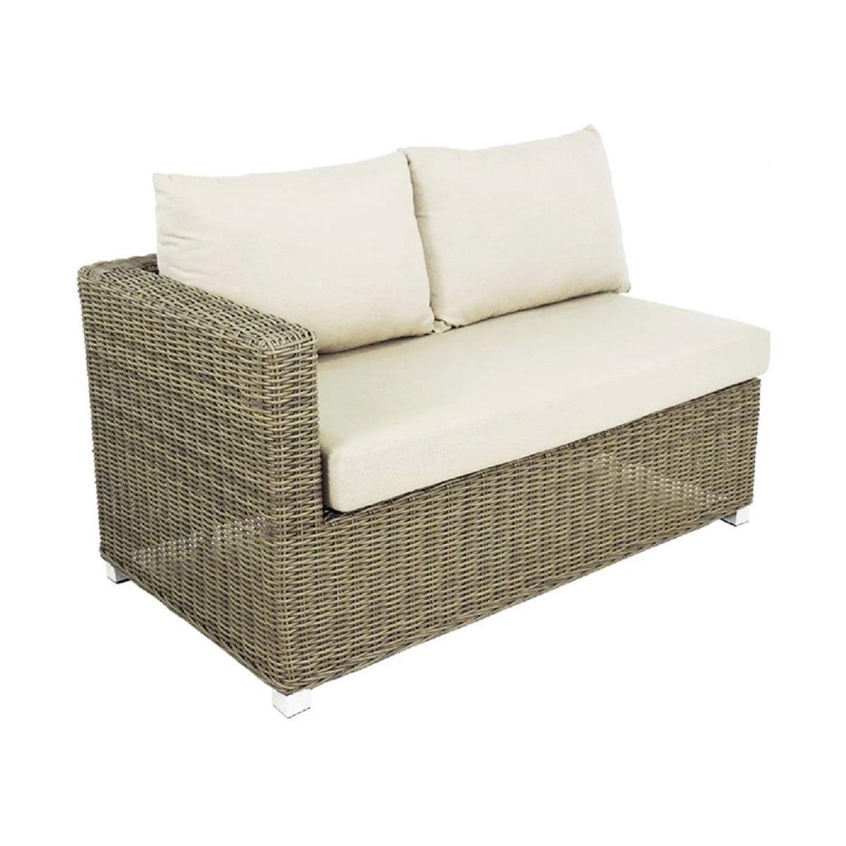 Front 3/4 view of a natural wicker color outdoor loveseat piece that goes on the left side of a sectional. There is an arm the left side facing the viewer, and no arm on the right side of the piece.  This piece has one beige seat cushion and two back pillows. Image is on a white background. 