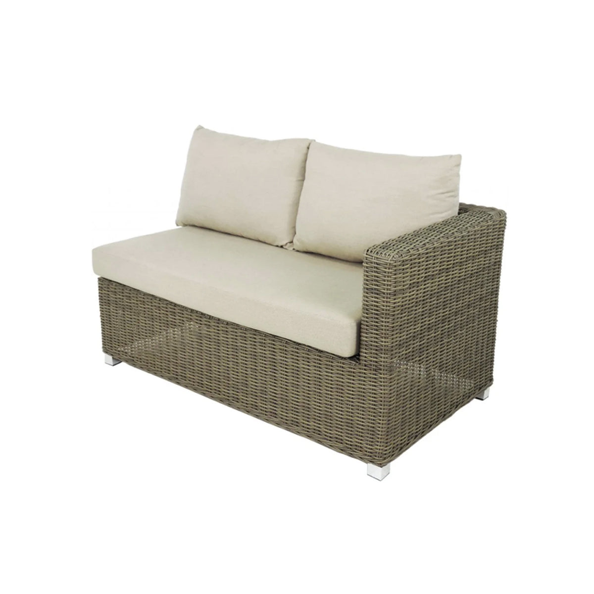 3/4 front view of a natural wicker color outdoor loveseat piece that goes on the right side of a sectional. There is an arm the right side facing the viewer, and no arm on the left side of the piece.  This piece has one beige seat cushion and two back pillows. Image is on a white background. 