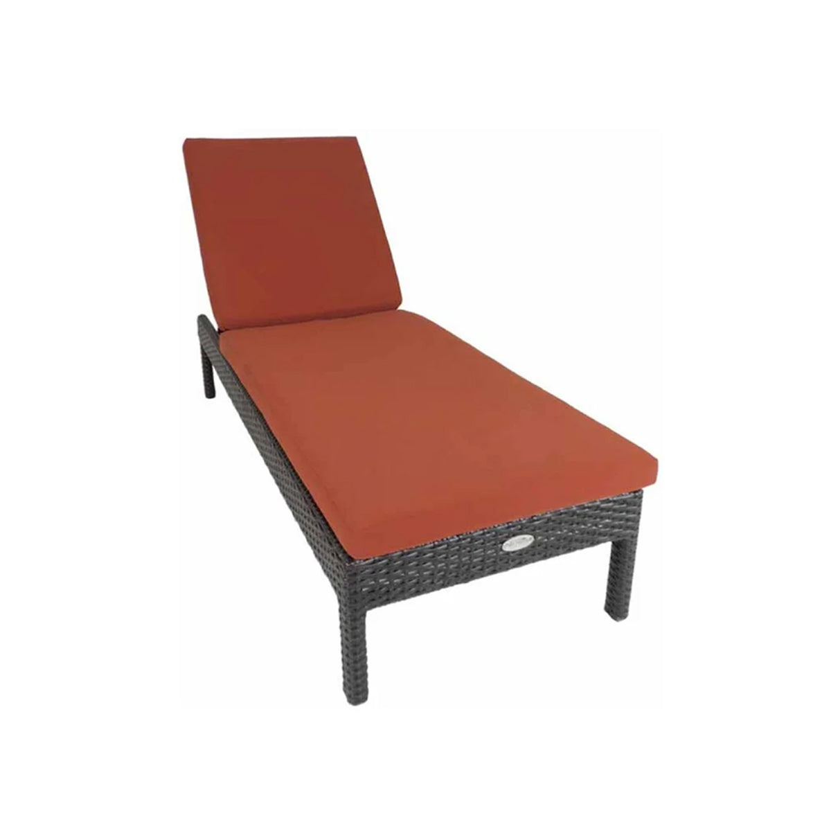 Dark brown wicker outdoor chaise lounge chair with rust orange cushions on a white background