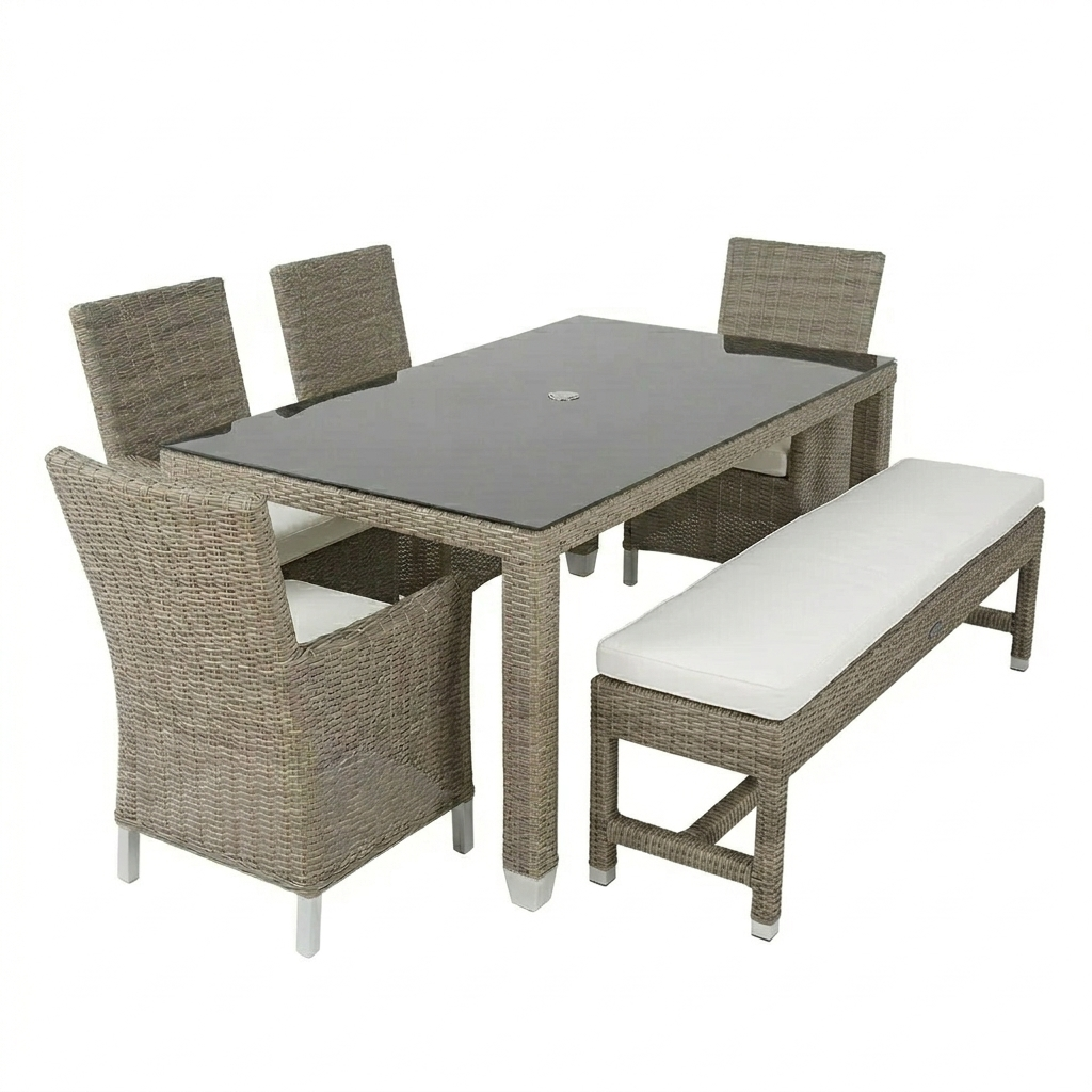 Outdoor furniture set with a table, four chairs, and a cushioned bench on a white background