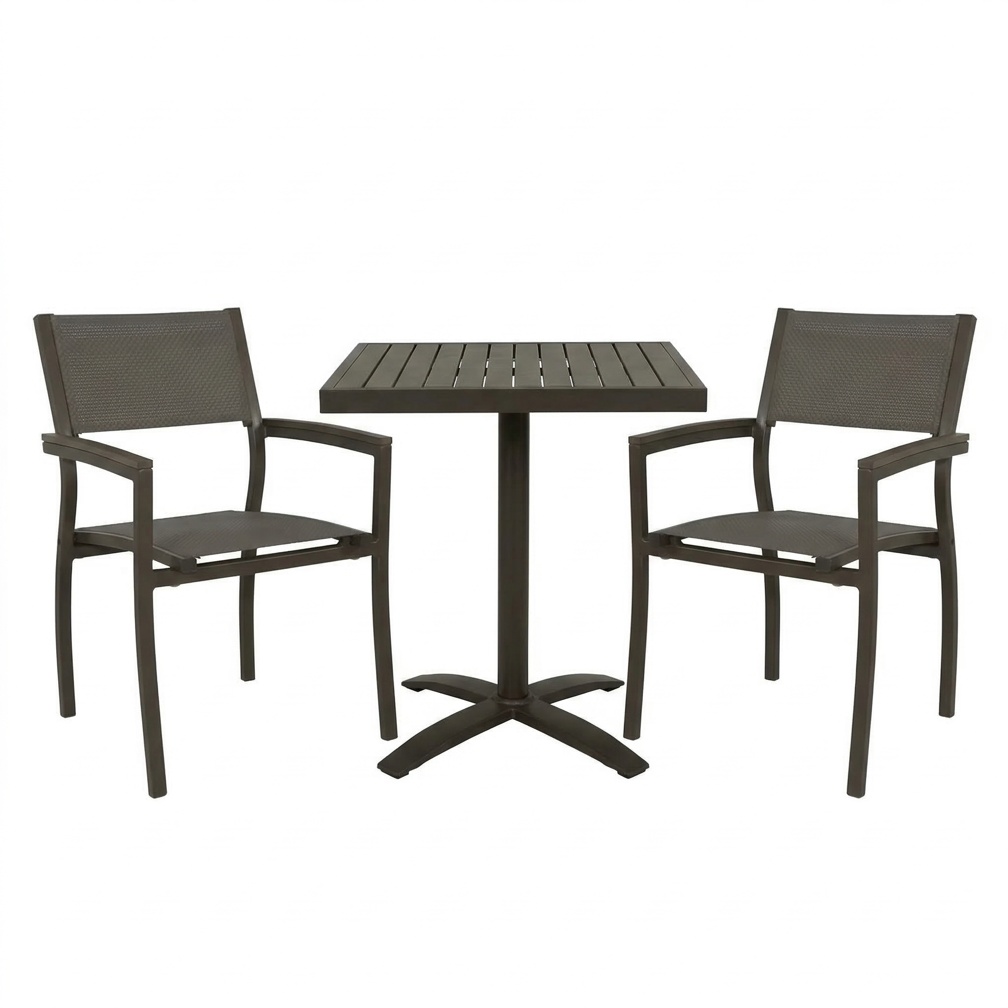 Rectangular patio table with grey base on a white background. This image includes two chairs that have faux grey wood on accents on the top of the arms. Chairs have grey sling fabric as the back and seat which match the set. The top of the table is made of faux teak imitation wood slats, encased in a white frame. 