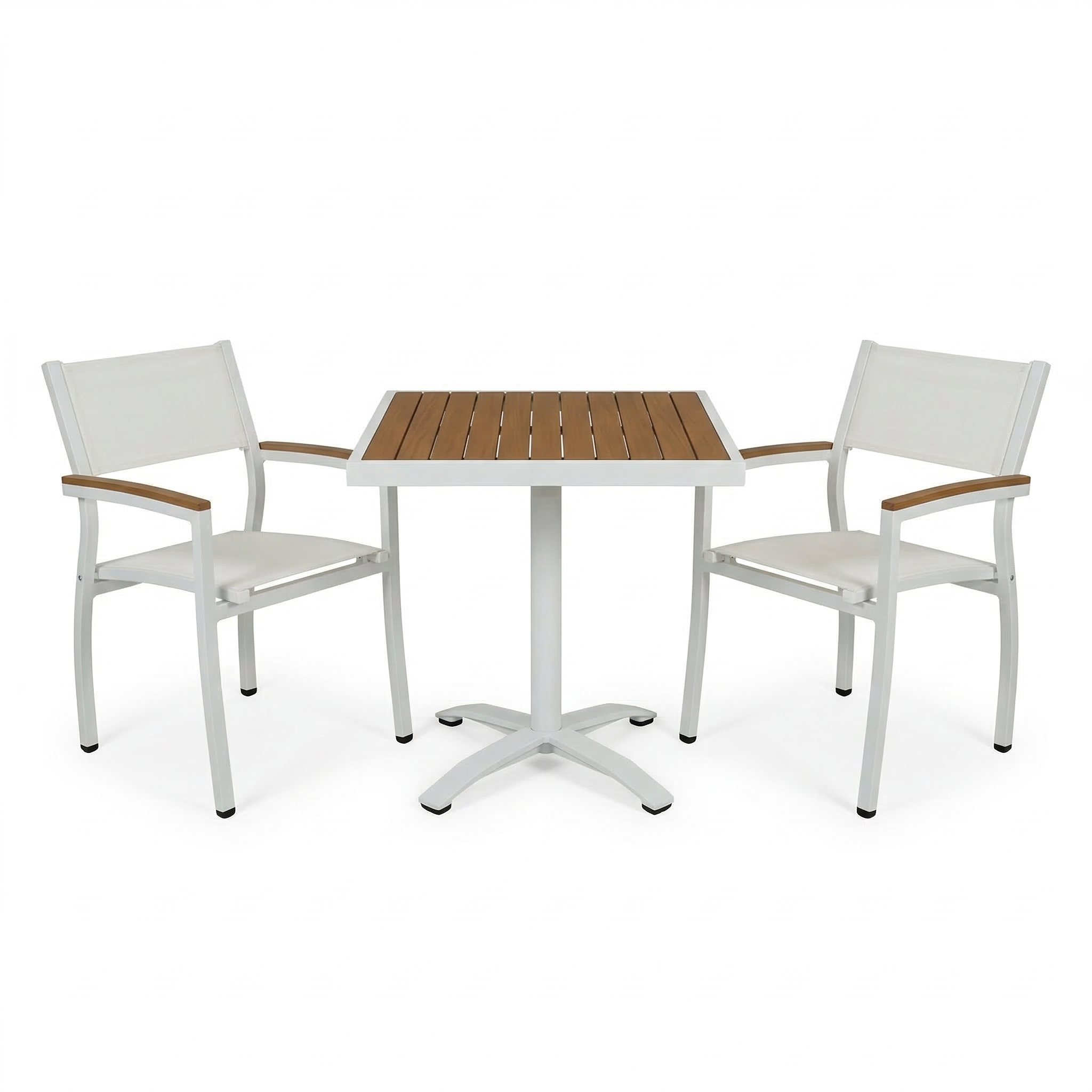 Rectangular patio table with white base on a white background. This image includes two chairs that have faux teak on accents on the top of the arms. Chairs have white sling fabric as the back and seat. The top of the table is made of faux teak imitation wood slats, encased in a white frame. 