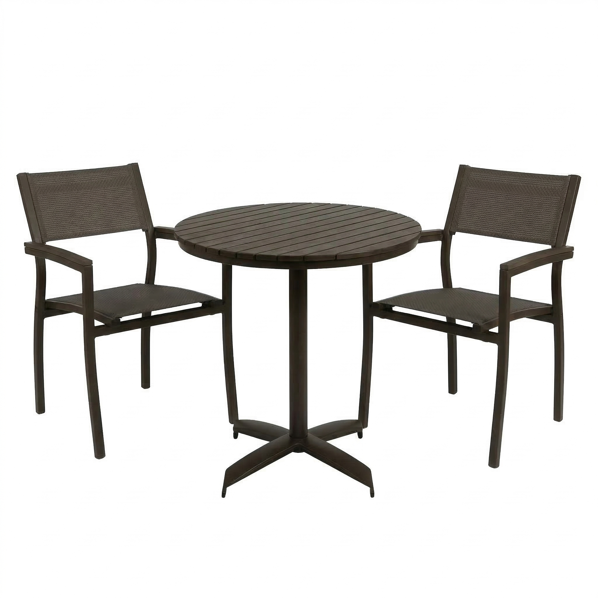 Round patio table with two chairs. All items match as a set and are a dark grey color on a white background. The top of the table is made of dark grey imitation wood slats. Chairs have arms and have matching grey sling fabric for the seat and back. This is a pedestal bistro style table. 