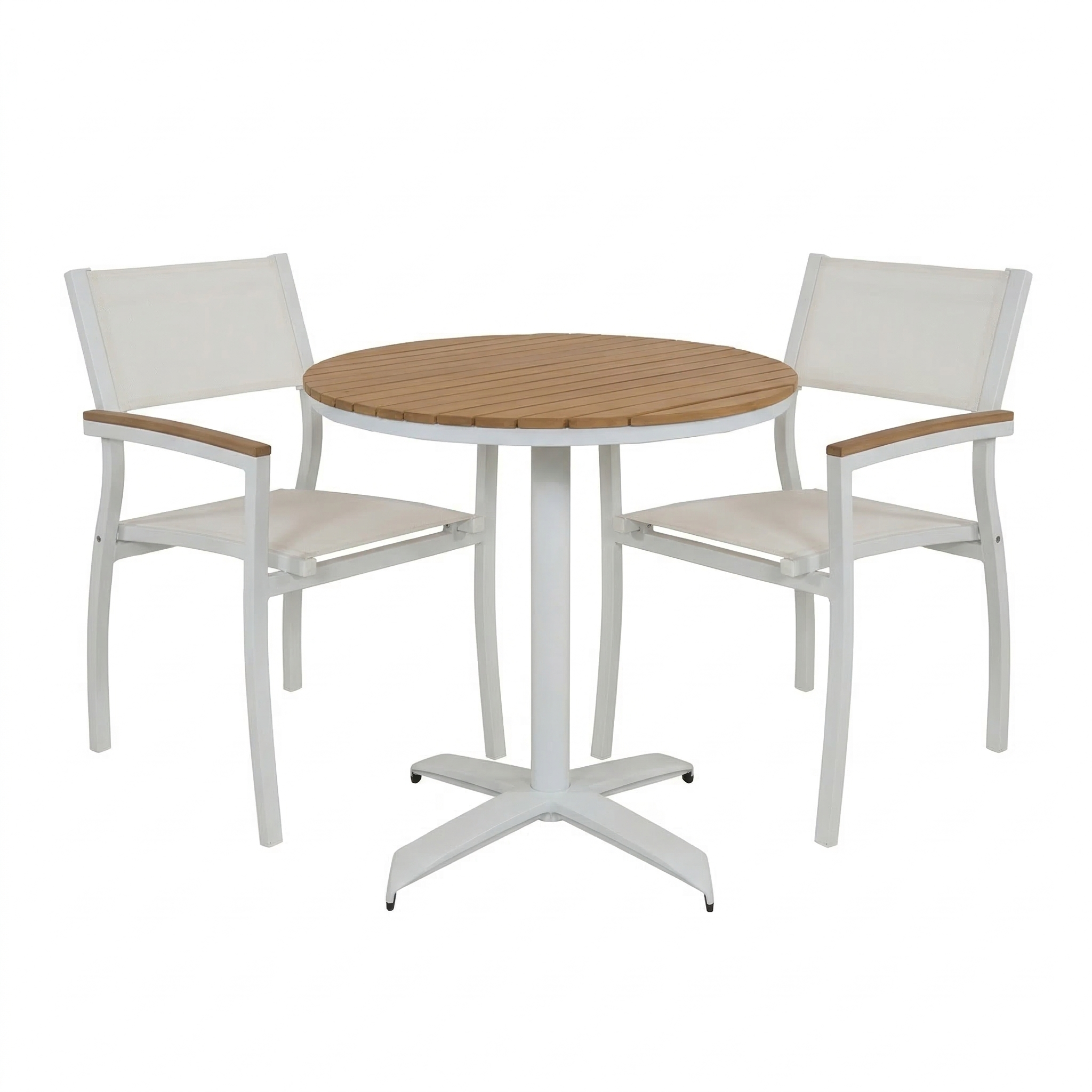 Round patio table with two chairs. All items match as a set and are a white color with faux teak accents on a white background. The top of the table is made of faux teak imitation wood slats. Chairs have arms with faux teak on the tops and have matching white sling fabric for the seat and back. This is a pedestal bistro style table. 