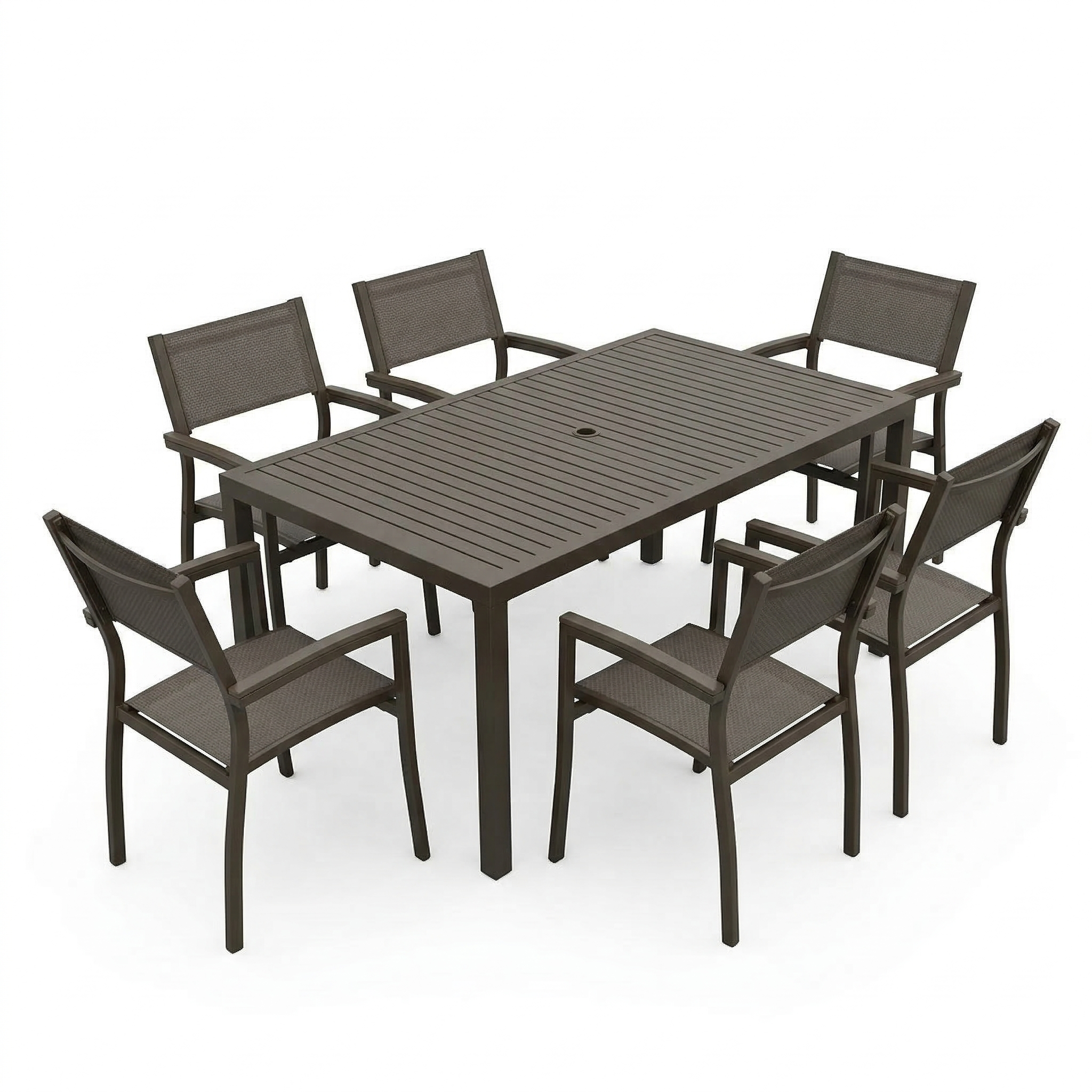 Outdoor furniture set with a rectangular table and six chairs on a white background. Table is grey and arm chairs match the same color grey. The top is faux wood slats that are inlayed within a grey frame. 