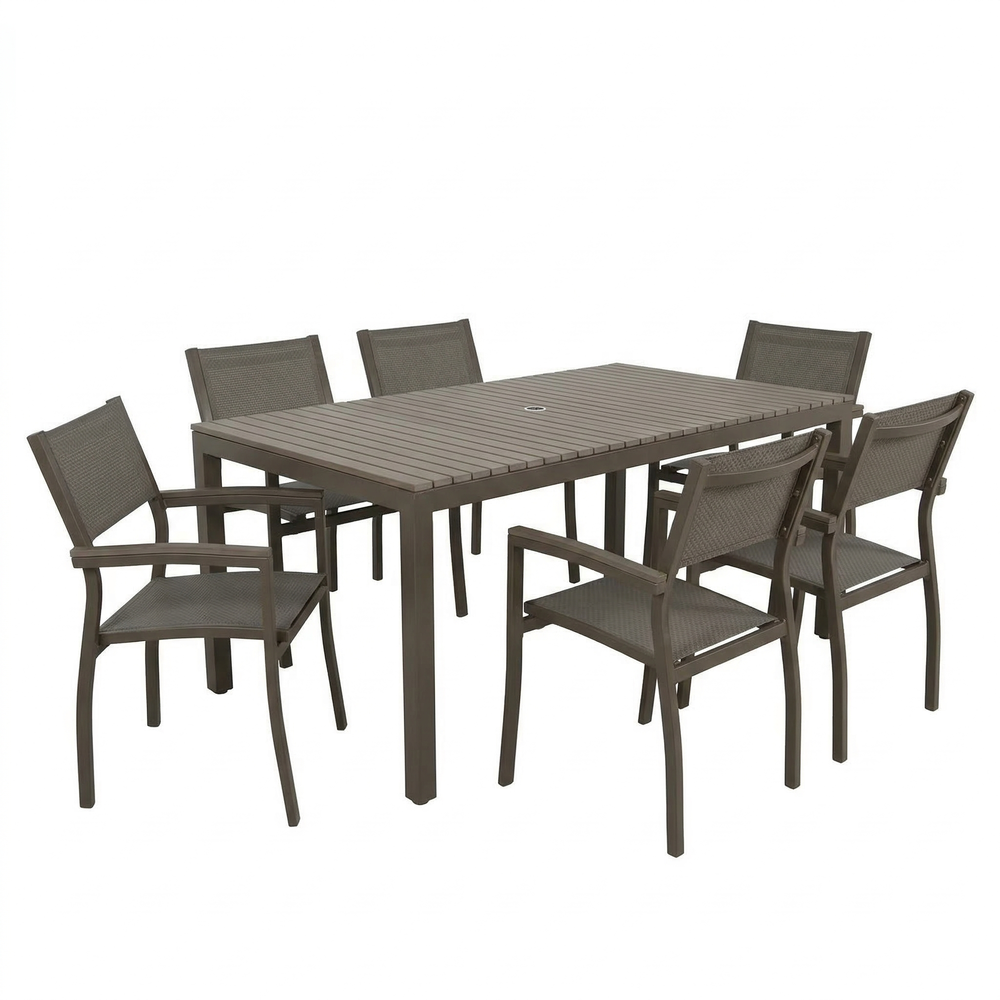 Outdoor furniture set with a rectangular table and six chairs on a white background. Table is grey and arm chairs match the same color grey. The top is faux wood slats that are in a matching grey finish. 