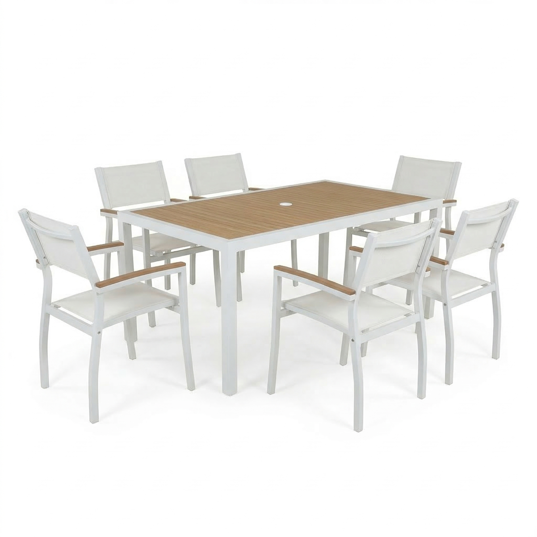 Outdoor furniture set with a rectangular table and six chairs on a white background. The table frame is white and the arm chairs match the same color white. The top is faux teak wood slats that are inlayed within a white frame. 