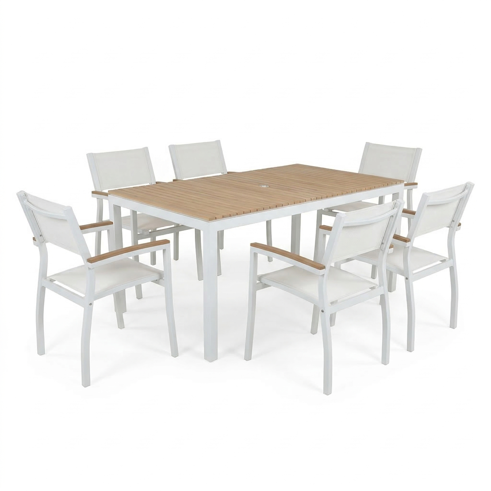 Outdoor furniture set with a rectangular table and six chairs on a white background. Table is white and chairs match the same color white. The top of the table is made of faux wood slats that are in a a faux teak wood finish. The top of the chair arms also have a faux teak wood accent.  