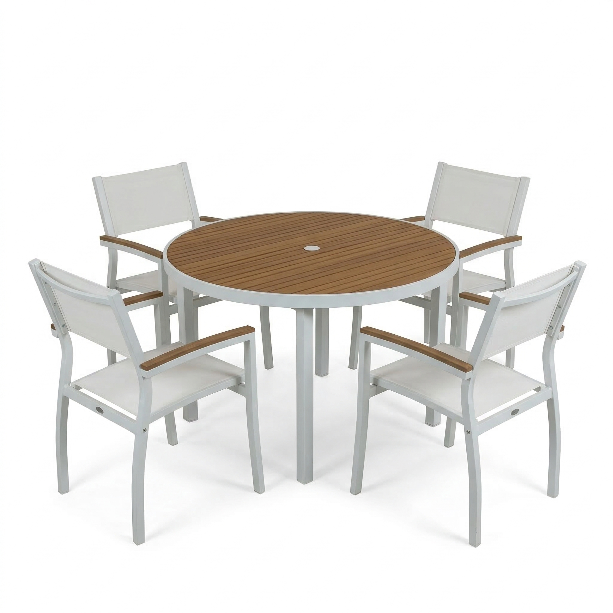 Round table with wooden slatted top and white legs on a white background. There are four matching chairs around the table. An umbrella hole is drilled in the center of the table. 