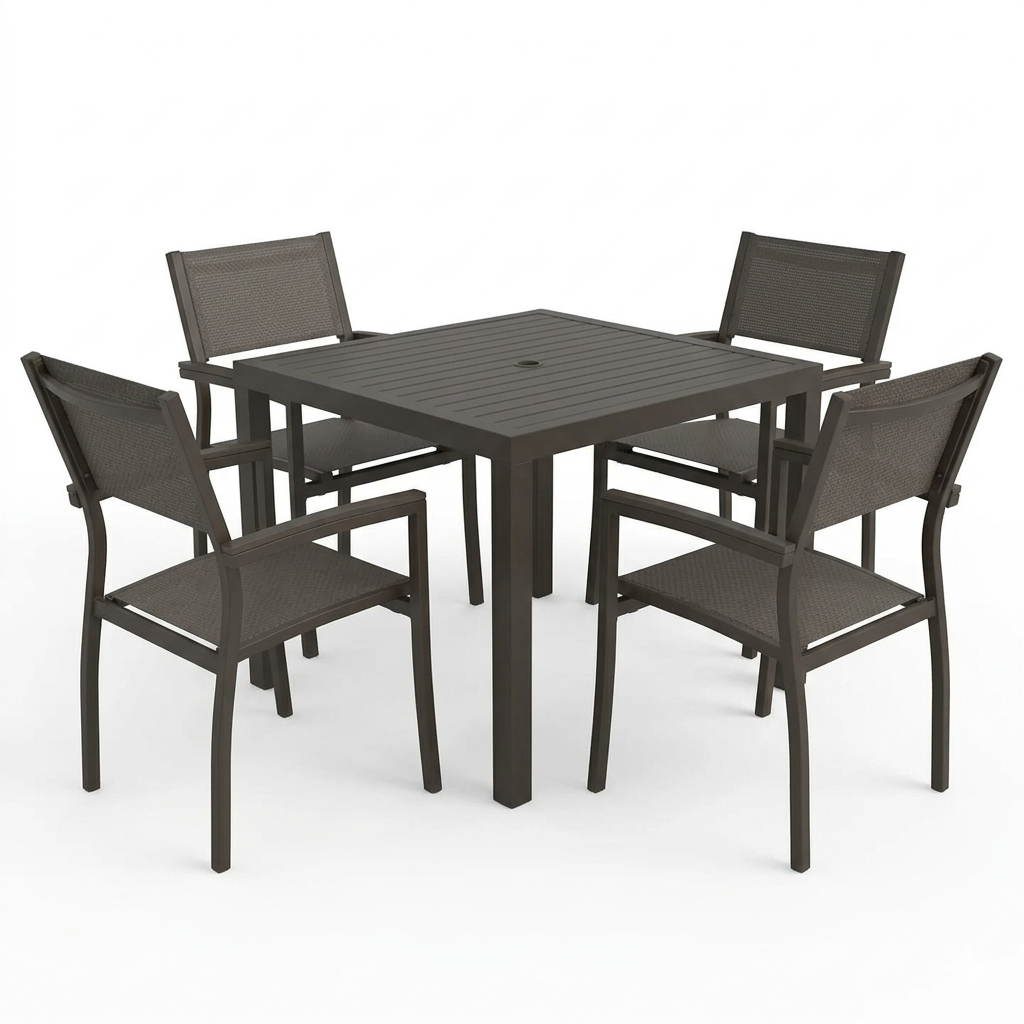 Square table set with a grey slatted top table with a grey frame and four grey chairs on a white background. There is a hole in the center for an umbrella. 