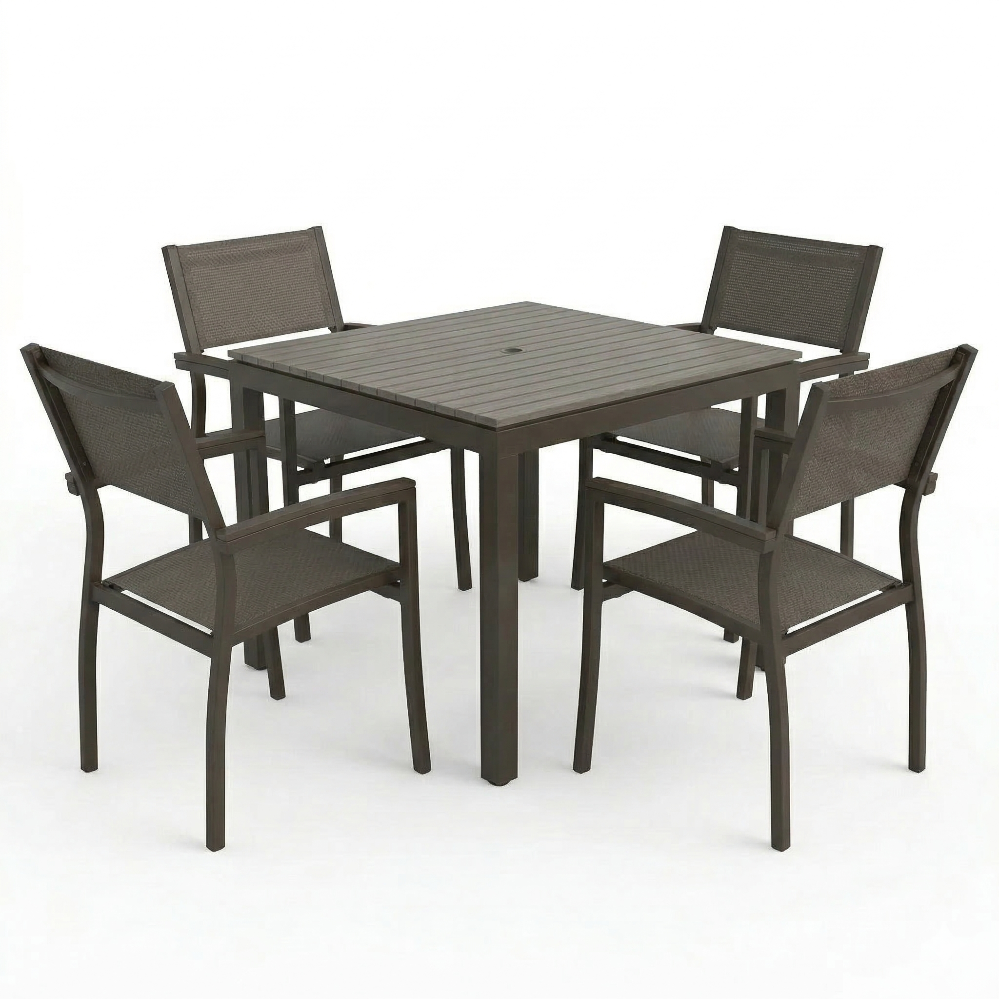 Grey square outdoor table with four matching arm chairs on a white background